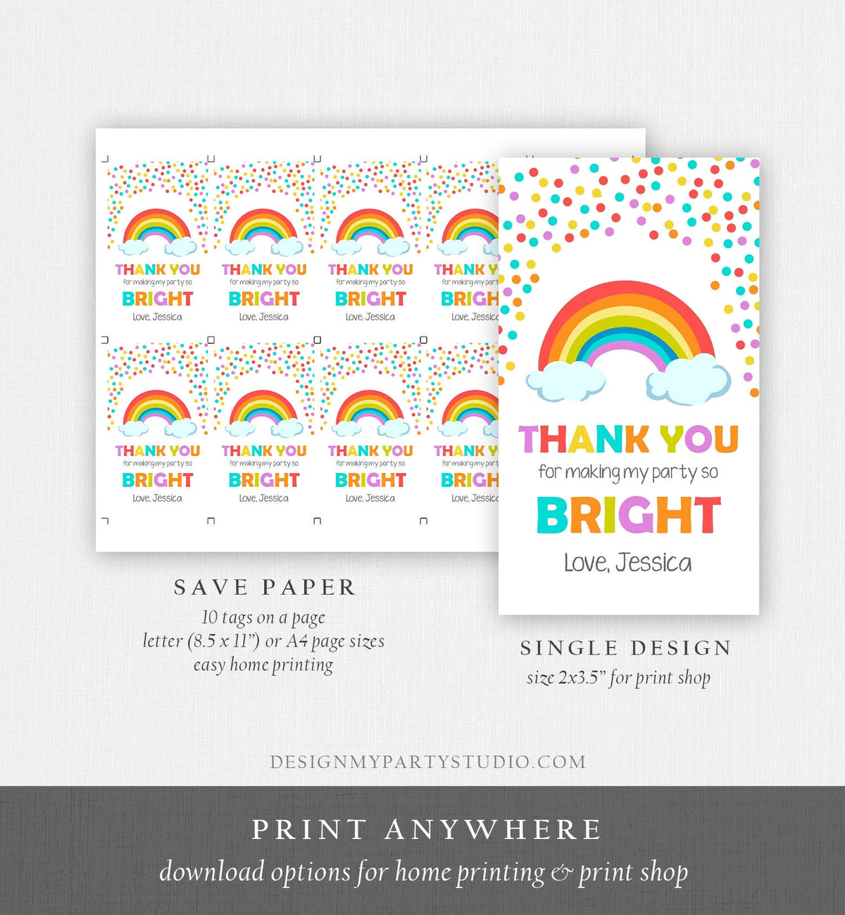 Editable Rainbow Favor Tags Rainbow Birthday Thank you tags Colorful Birthday Gift tags Rainbow Confetti Template PRINTABLE Corjl 0106