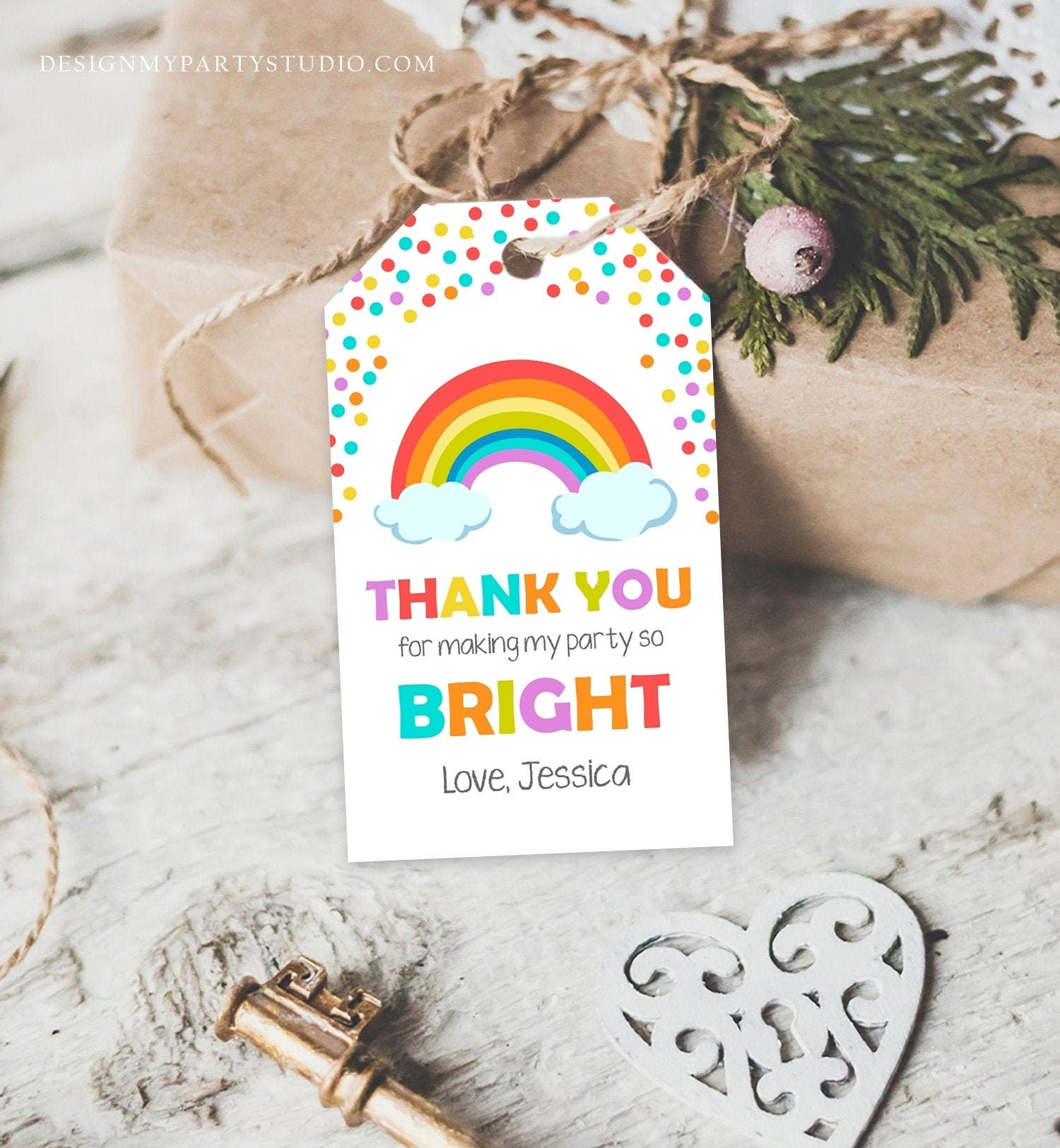 Editable Rainbow Favor Tags Rainbow Birthday Thank you tags Colorful Birthday Gift tags Rainbow Confetti Template PRINTABLE Corjl 0106
