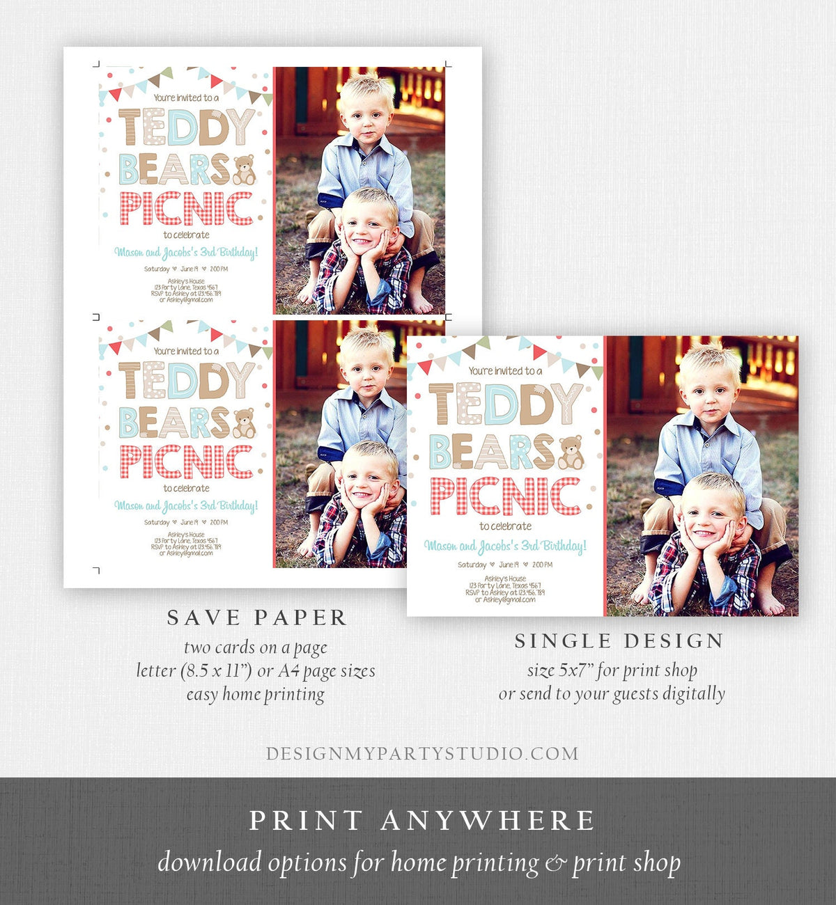 Editable Teddy Bear Picnic Birthday Invitation Boys Siblings Birthday Brothers Twins Joint Party Printable Invitation Template Corjl 0100
