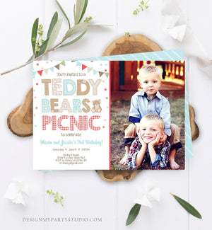 Editable Teddy Bear Picnic Birthday Invitation Boys Siblings Birthday Brothers Twins Joint Party Printable Invitation Template Corjl 0100