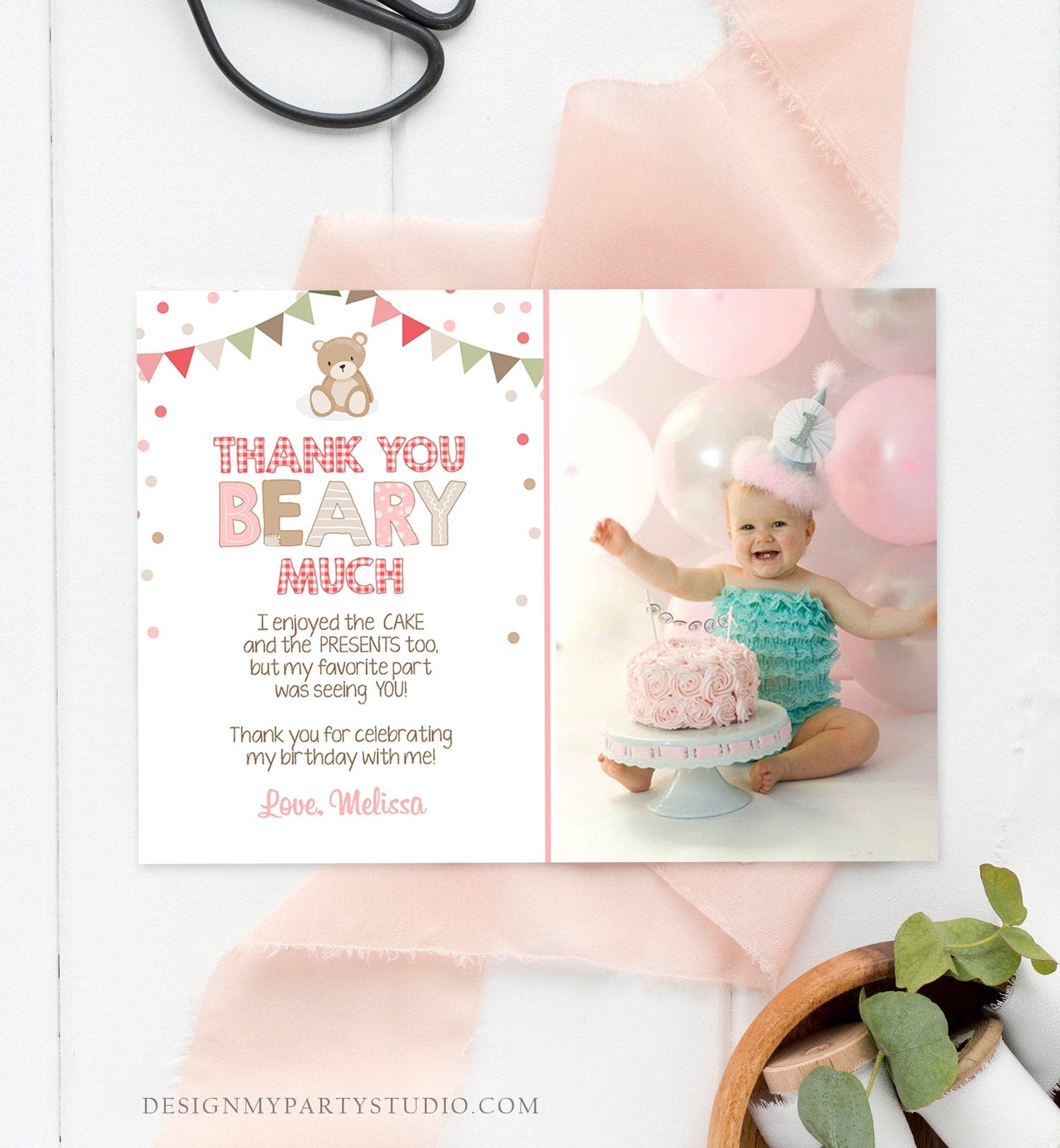 Editable Teddy Bear Thank You Card Birthday Picnic Beary Much Girl Pink Confetti Download Printable Thank You Template Digital Corjl 0100