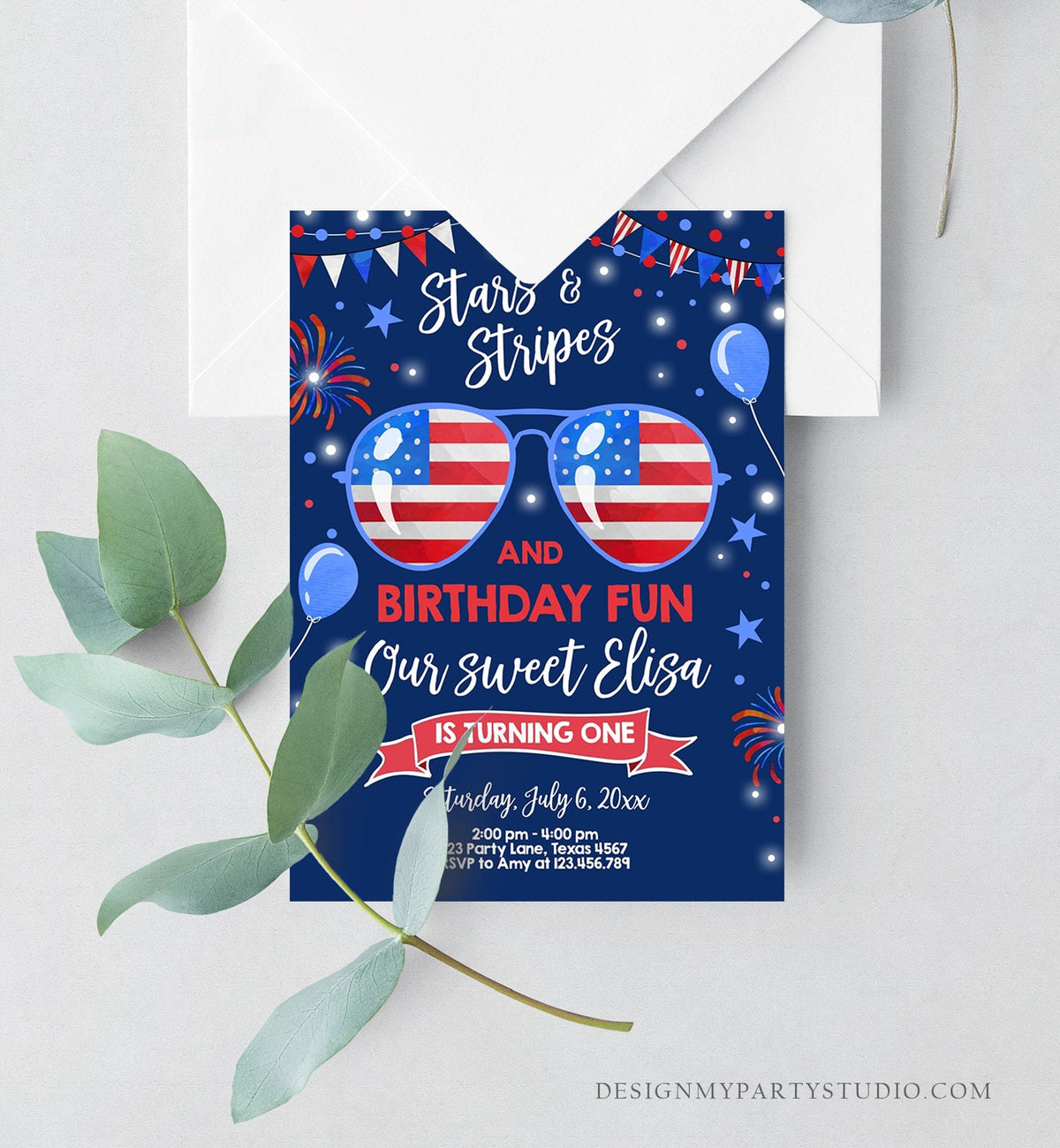 Editable Memorial Day Birthday Invitation 4th of July Little Firecracker Stars and Stripes Red White Blue Template Corjl Digital 0122