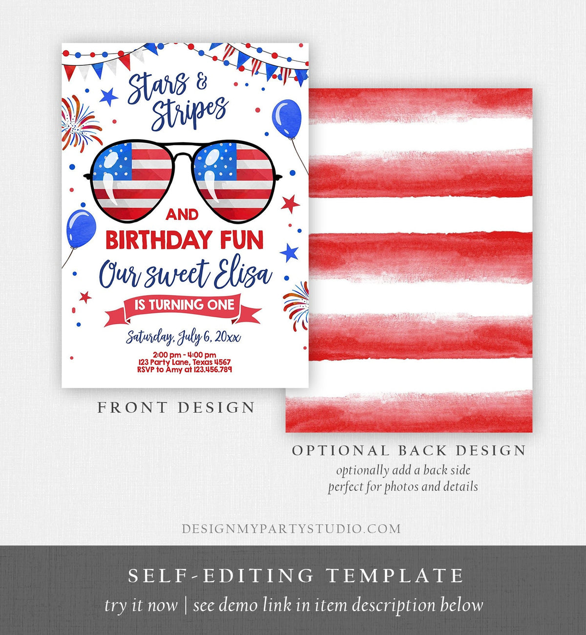 Editable Memorial Day Birthday Invitation 4th of July Little Firecracker Stars and Stripes Red White Blue Template Corjl Digital 0122