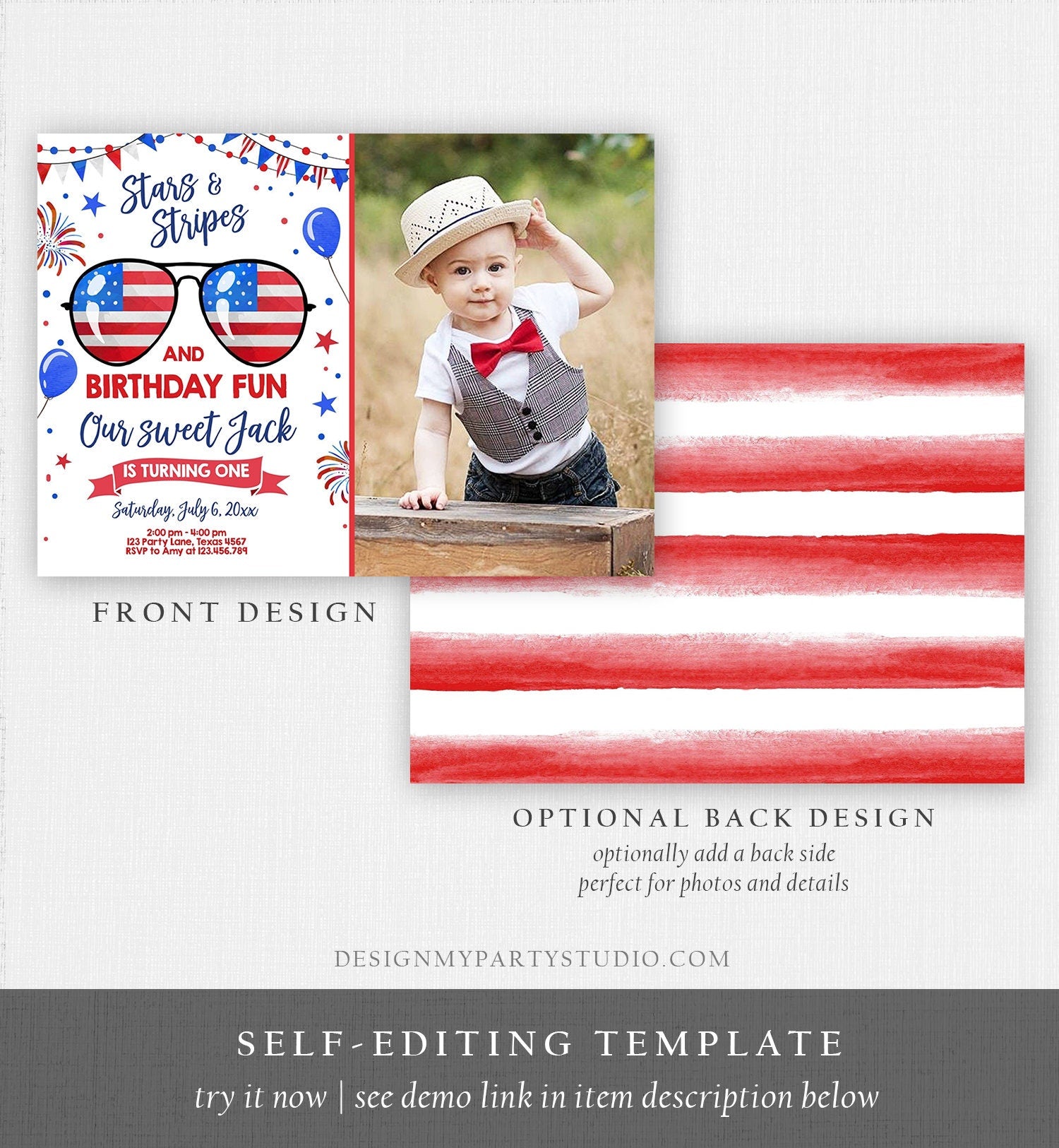 Editable Memorial Day Birthday Invitation 4th of July Little Firecracker Stars and Stripes Red White Blue Template Corjl Digital 0122
