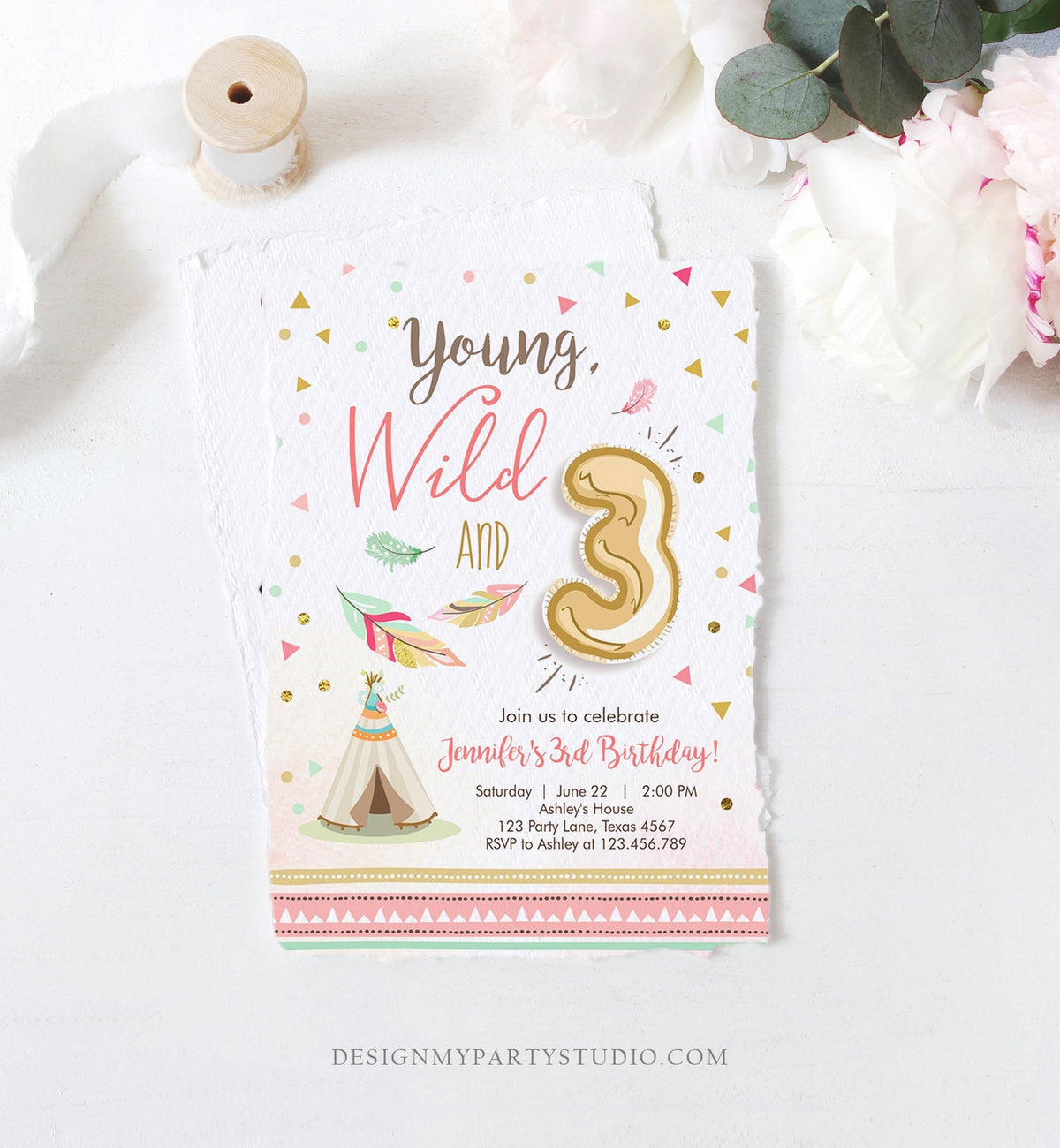 Editable Young Wild and Three Birthday Invitation Girl Pink and Gold 3rd Birthday Download Printable Invite Template Corjl Digital 0073