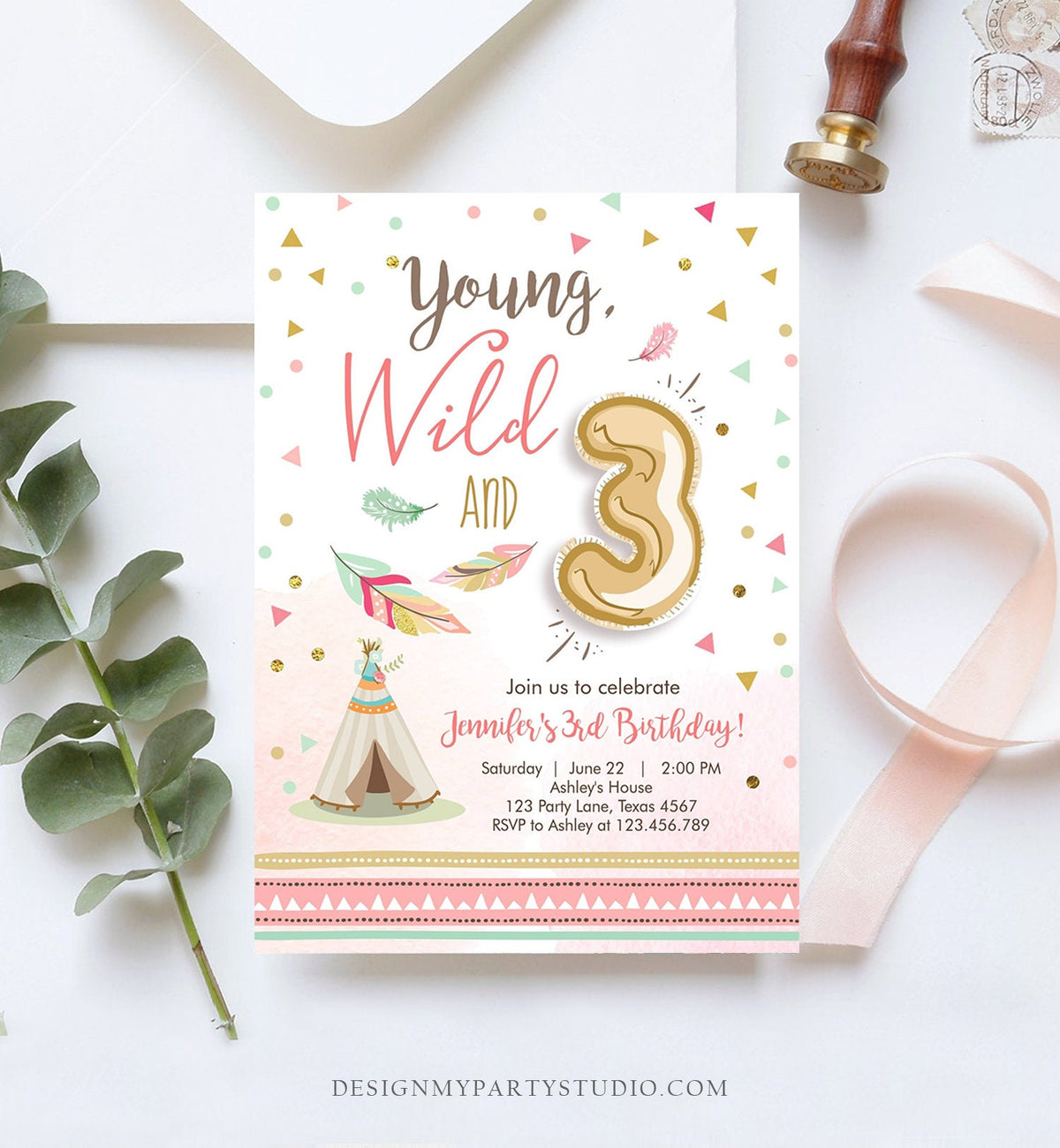 Editable Young Wild and Three Birthday Invitation Girl Pink and Gold 3rd Birthday Download Printable Invite Template Corjl Digital 0073
