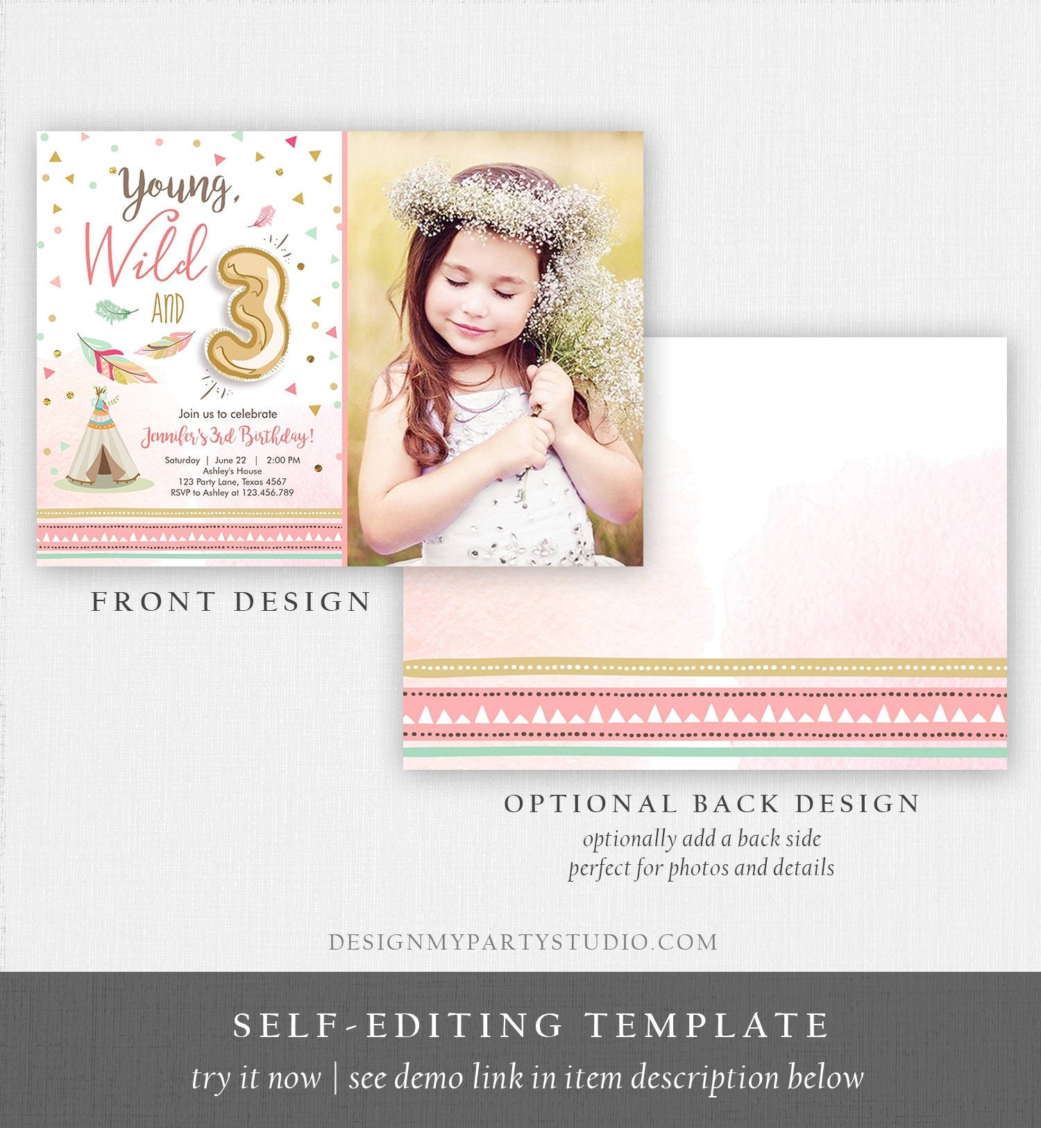 Editable Young Wild and Three Birthday Invitation Girl Pink and Gold 3rd Birthday Download Printable Invite Template Corjl Digital 0073