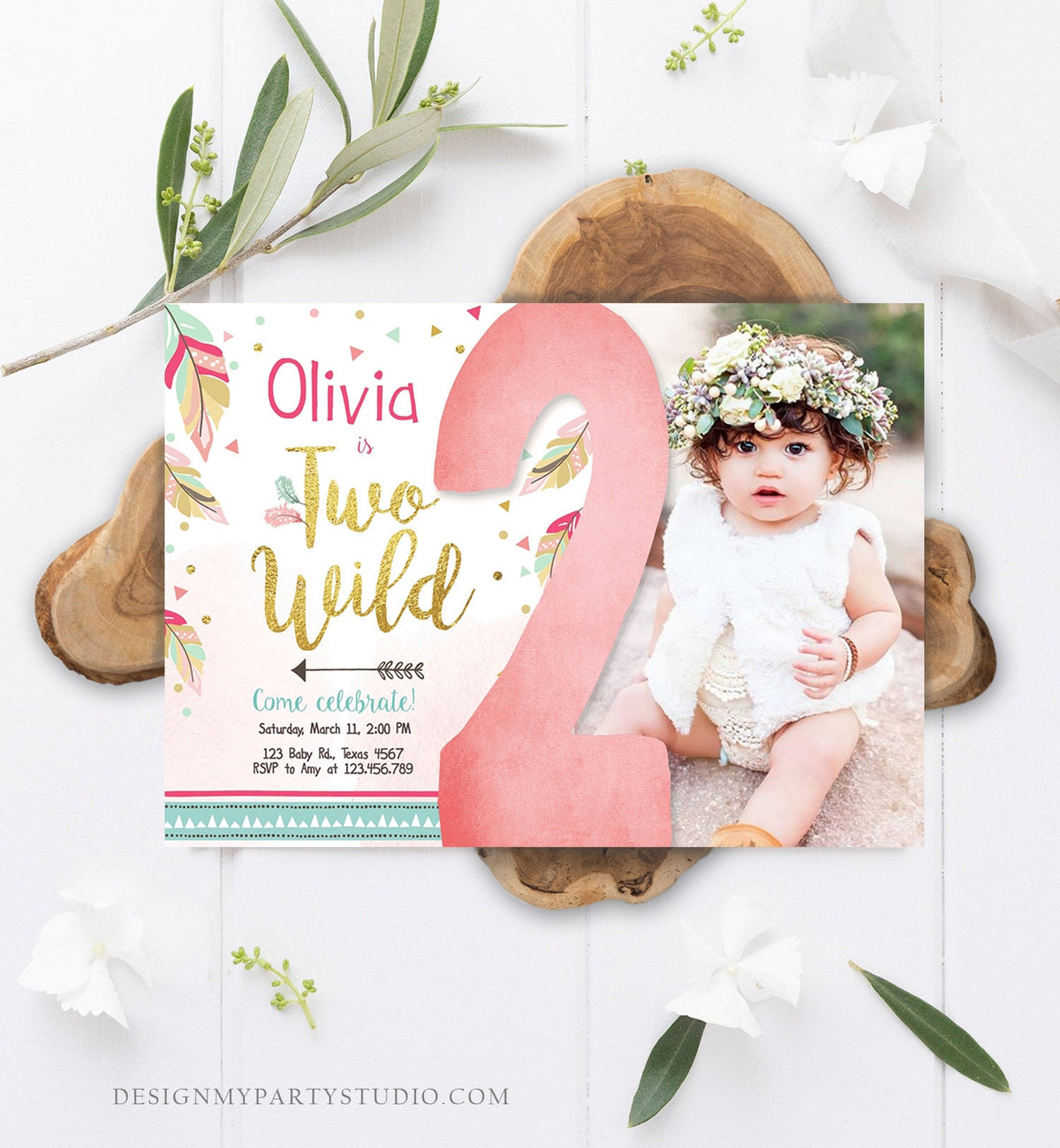 Editable Two Wild Birthday Invitation Girl 2nd Birthday Tribal Boho Feathers Pink Gold Mint Download Printable Template Digital Corjl 0038