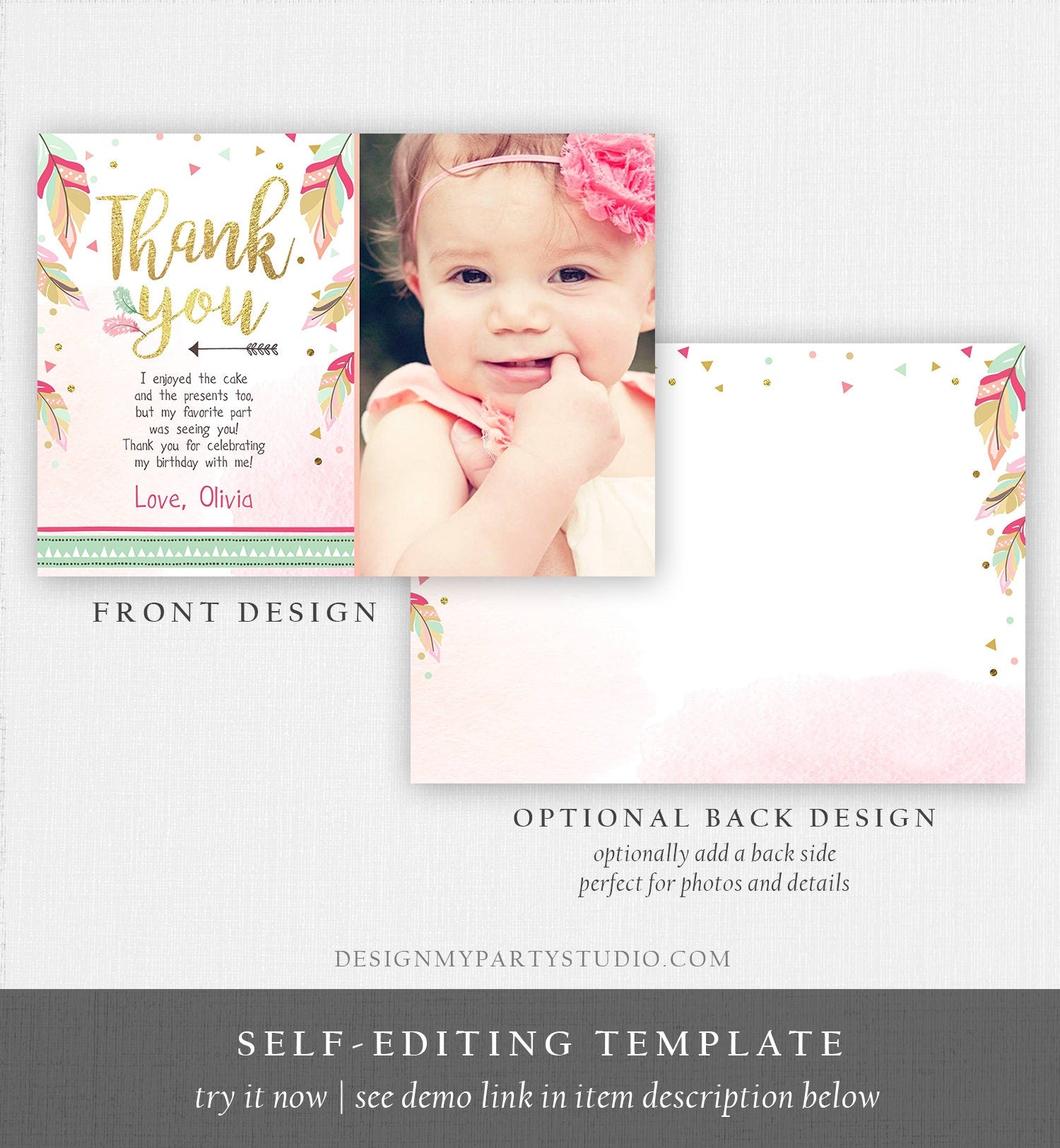 Editable Thank You Card Birthday Thank You Note Tribal Feathers Pink Mint Gold Wild One Digital Download Template Printable 0038