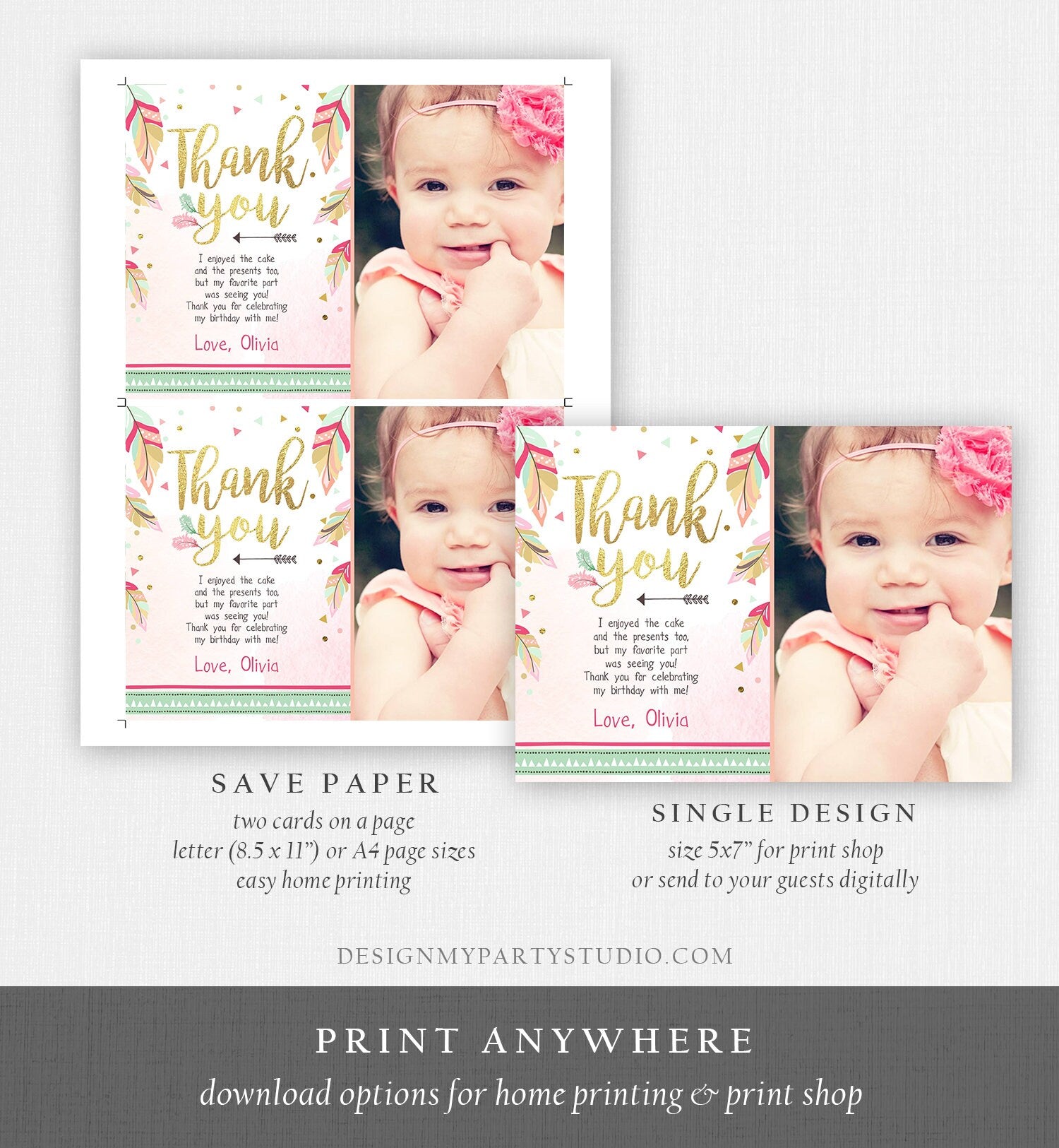 Editable Thank You Card Birthday Thank You Note Tribal Feathers Pink Mint Gold Wild One Digital Download Template Printable 0038