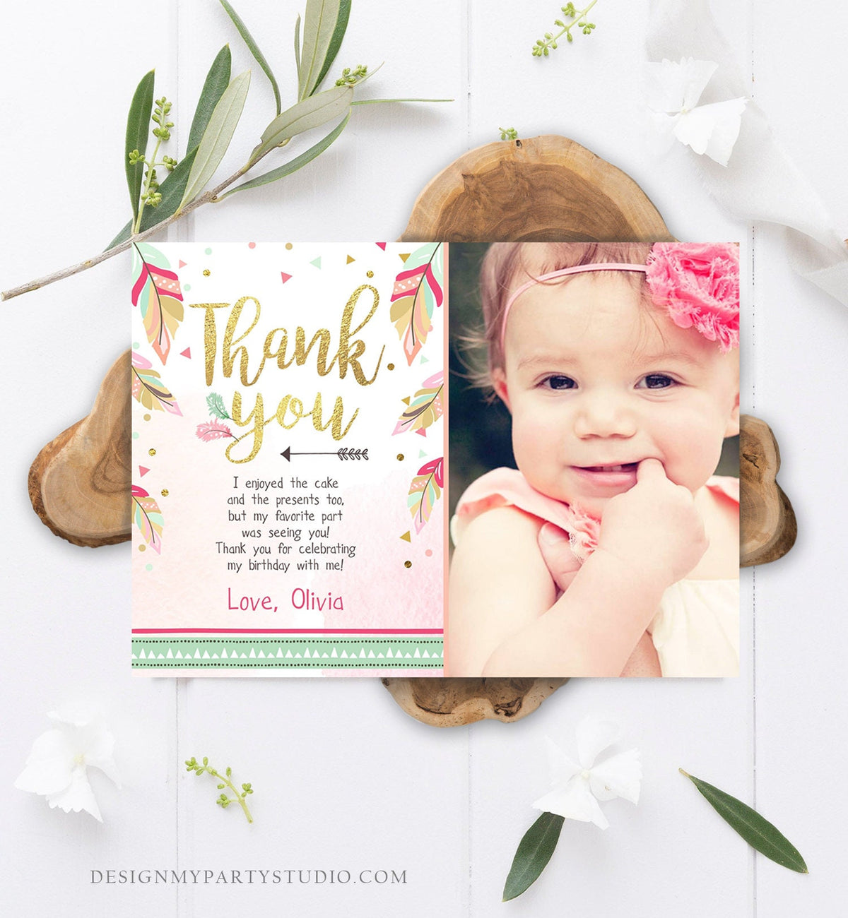 Editable Thank You Card Birthday Thank You Note Tribal Feathers Pink Mint Gold Wild One Digital Download Template Printable 0038