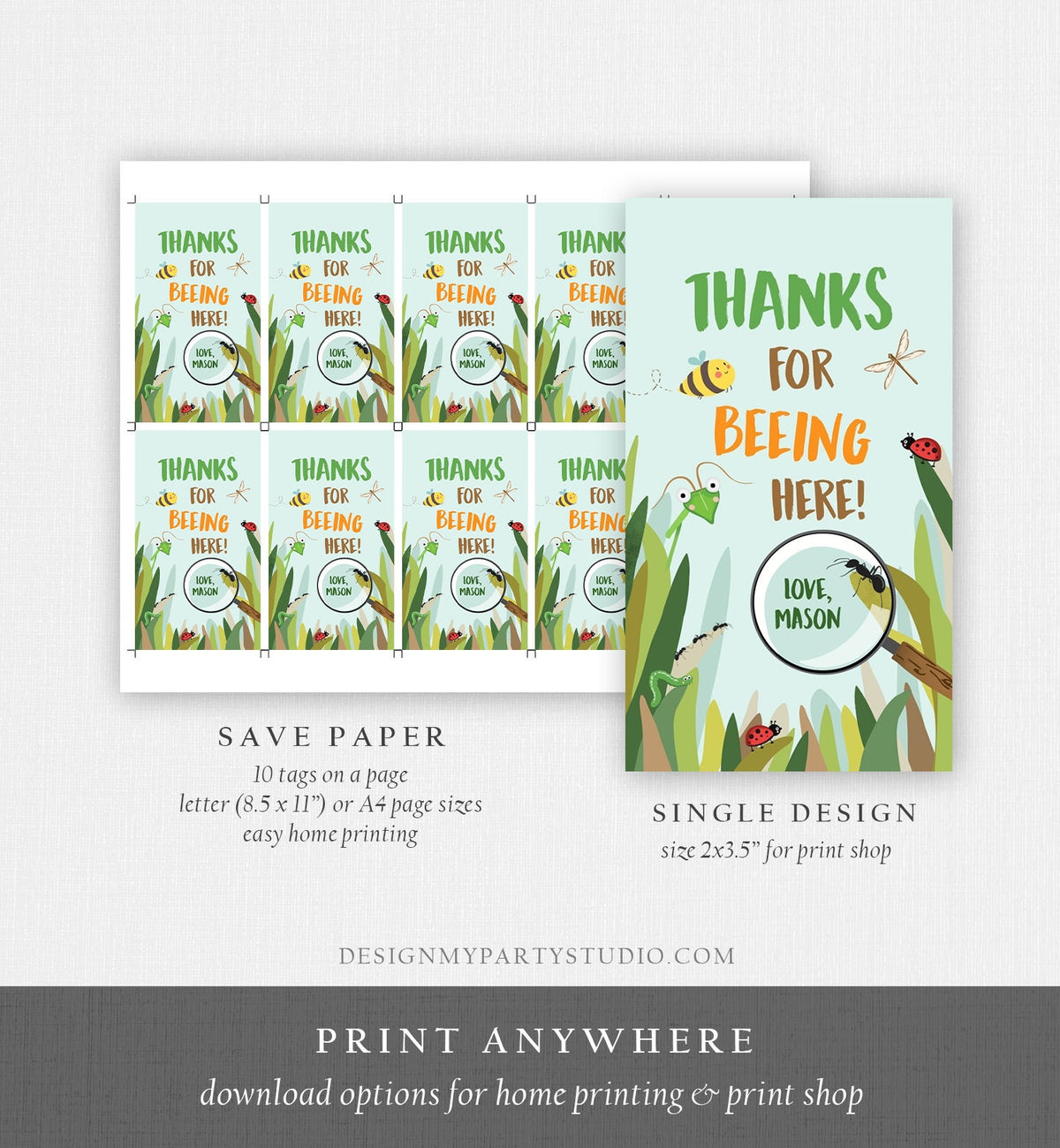 Editable Bug Favor Tags Bugs Birthday Thank You Label Bug Party Insect Gift tags Bugging out Beeing by Digital Template Printable 0090