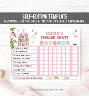 Editable Princess Reward Chart Princess Chore Chart for Kids Routine Chart Pink Girls Castle Chore Chart Printable Template Corjl 0171