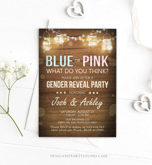 Editable Gender Reveal Invitation Baby Shower Boy or Girl Pink or Blue He She Wood Rustic Template Instant Download Digital Corjl 0015