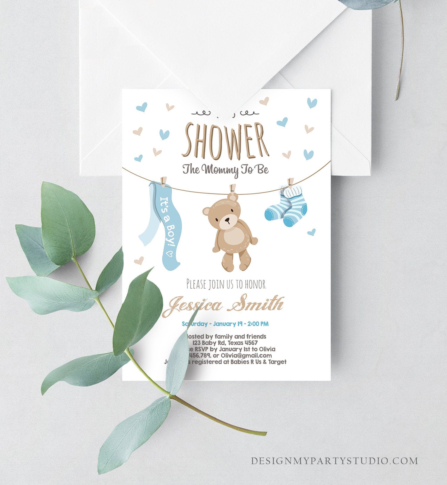 Editable Baby Shower Invitation Boy Teddy Bear Cute Baby Boy Blue Bear Little Cub Clothes Digital Download Evite Template Printable 0025
