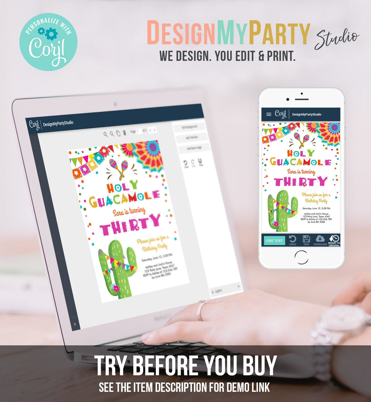 Editable ANY AGE Fiesta Birthday Invitation Holy Guacamole Adult Mexican Thirty Birthday Party Cactus 30th Corjl Template Printable 0045