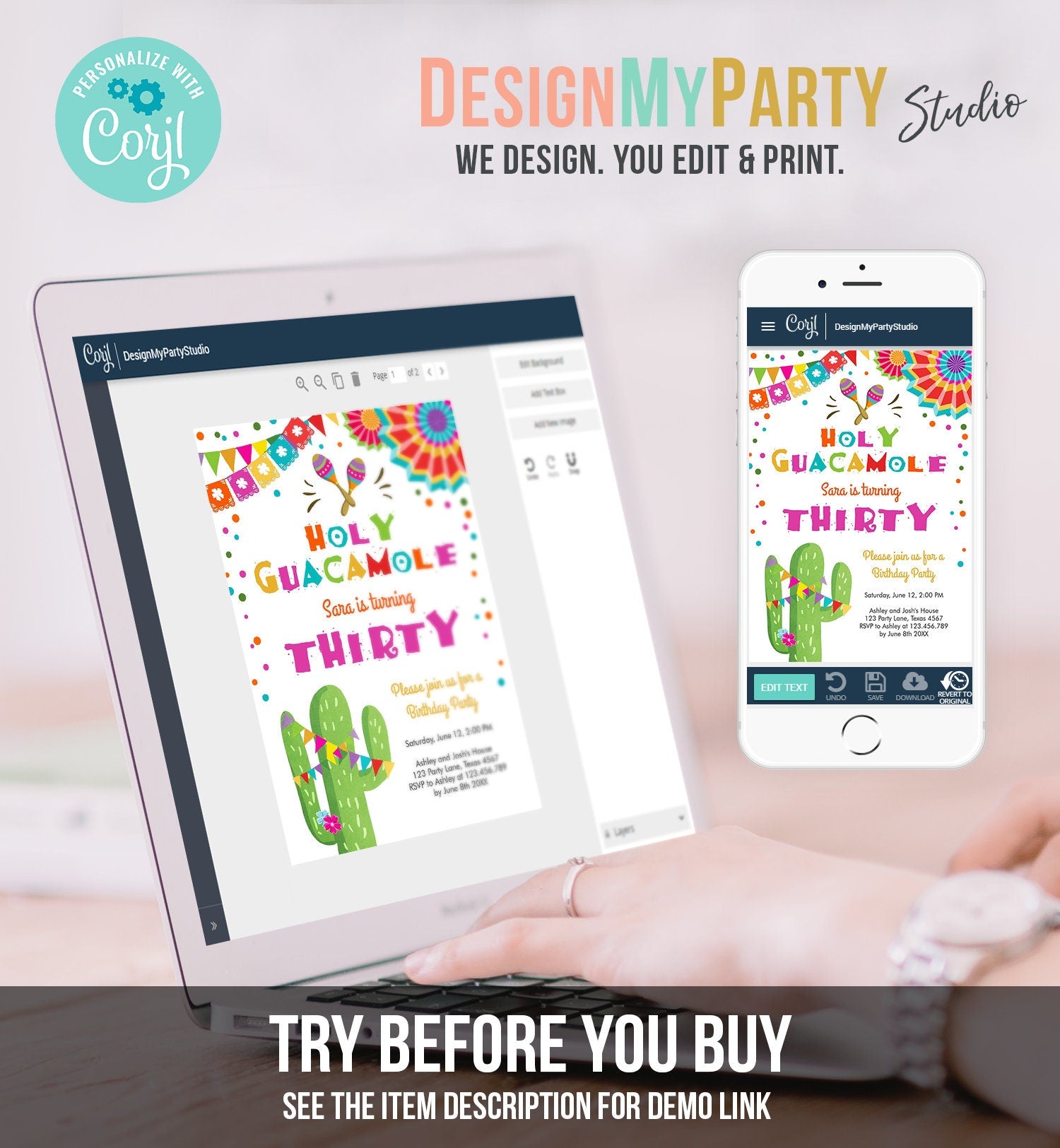 Editable ANY AGE Fiesta Birthday Invitation Holy Guacamole Adult Mexican Thirty Birthday Party Cactus 30th Corjl Template Printable 0045