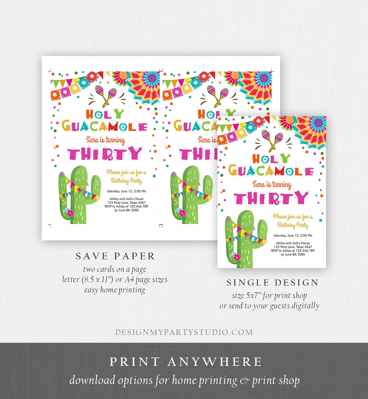 Editable ANY AGE Fiesta Birthday Invitation Holy Guacamole Adult Mexican Thirty Birthday Party Cactus 30th Corjl Template Printable 0045