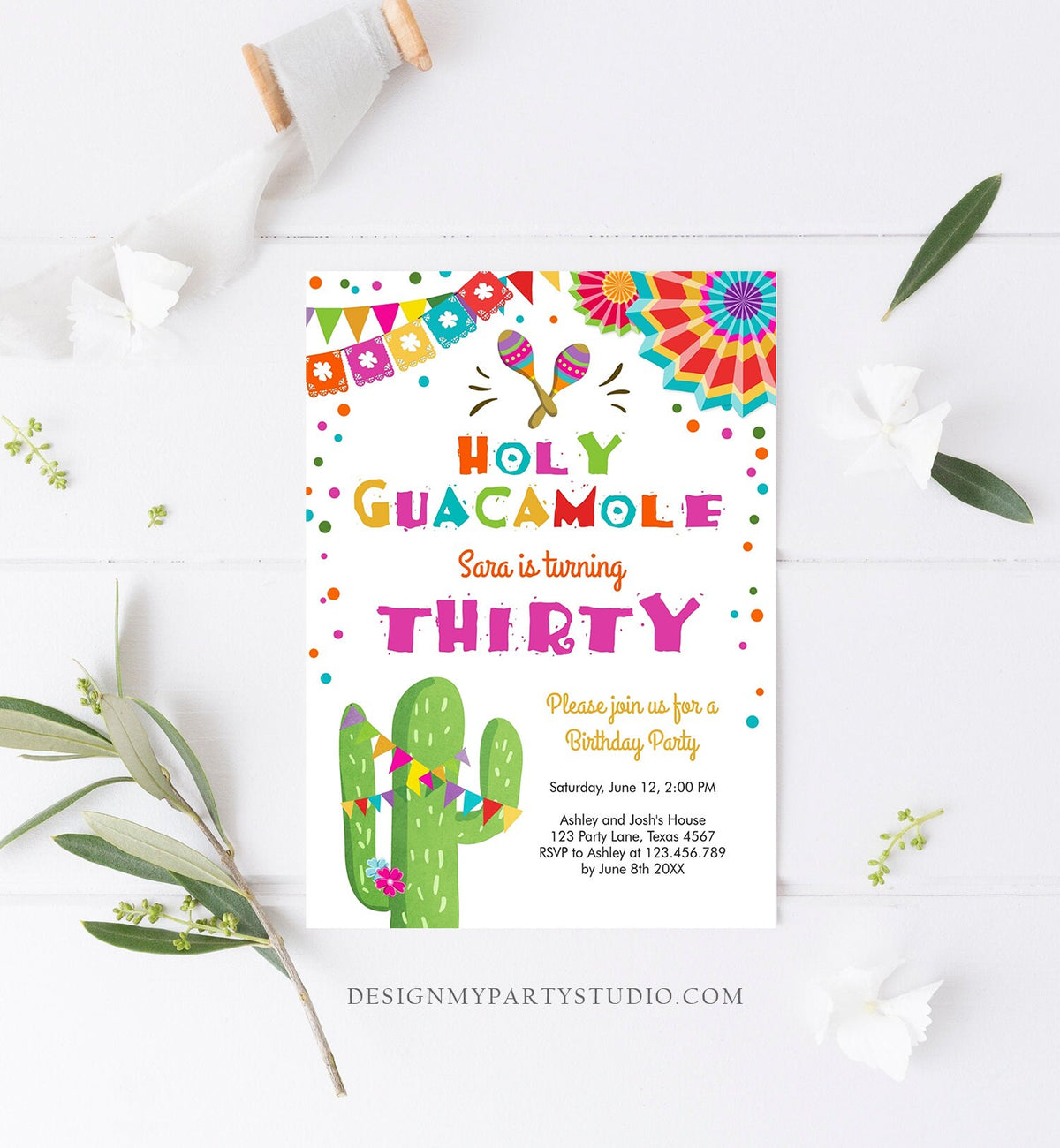Editable ANY AGE Fiesta Birthday Invitation Holy Guacamole Adult Mexican Thirty Birthday Party Cactus 30th Corjl Template Printable 0045