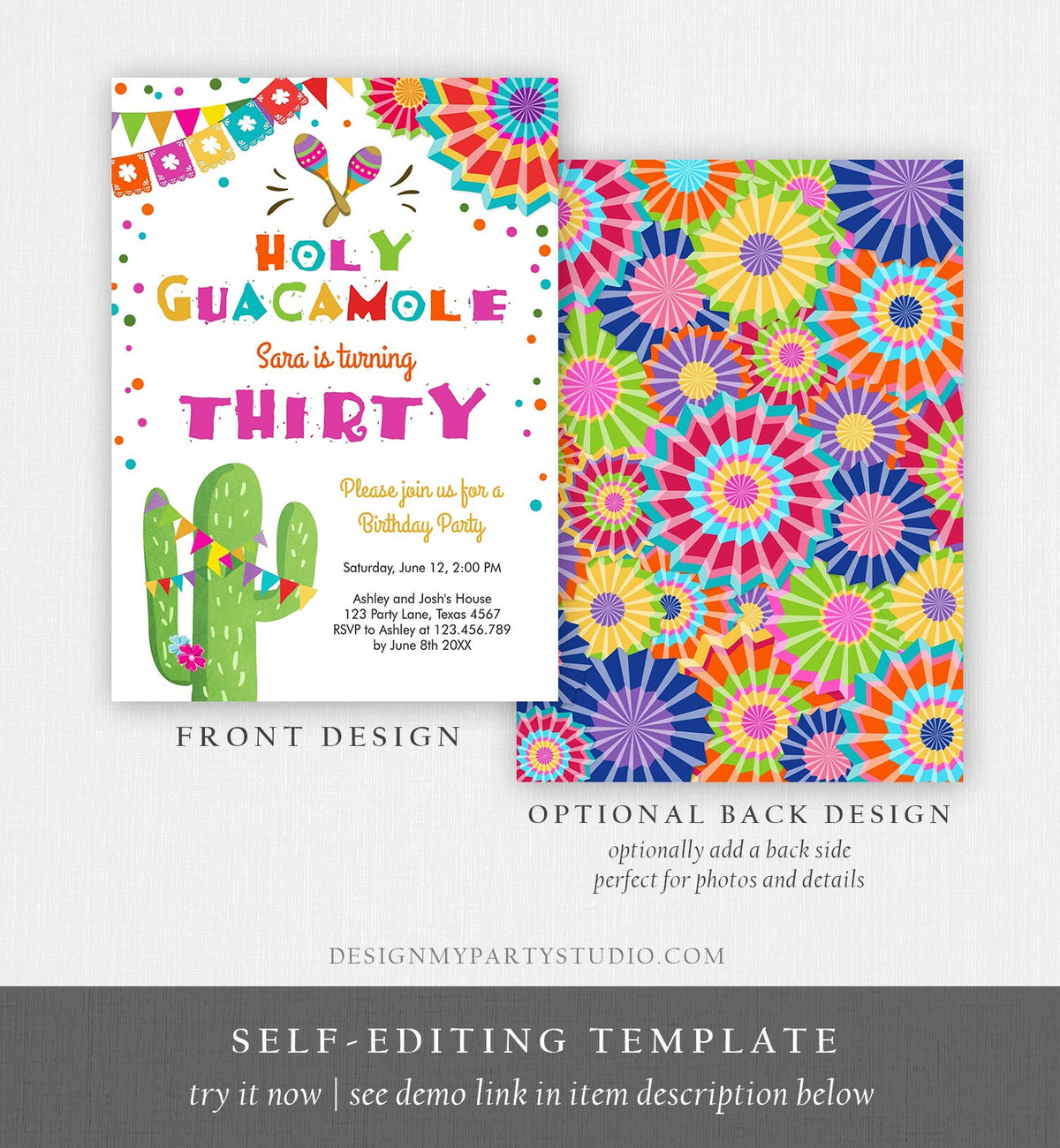 Editable ANY AGE Fiesta Birthday Invitation Holy Guacamole Adult Mexican Thirty Birthday Party Cactus 30th Corjl Template Printable 0045