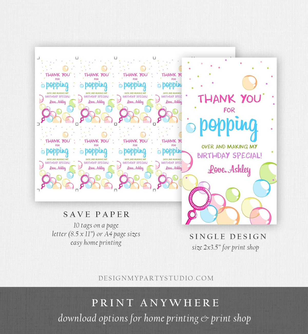 Editable Bubble Favor tags Pink Bubble Birthday Thank you tags Popping over Labels Bubbles Gift tags Girl Template PRINTABLE Corjl 0035