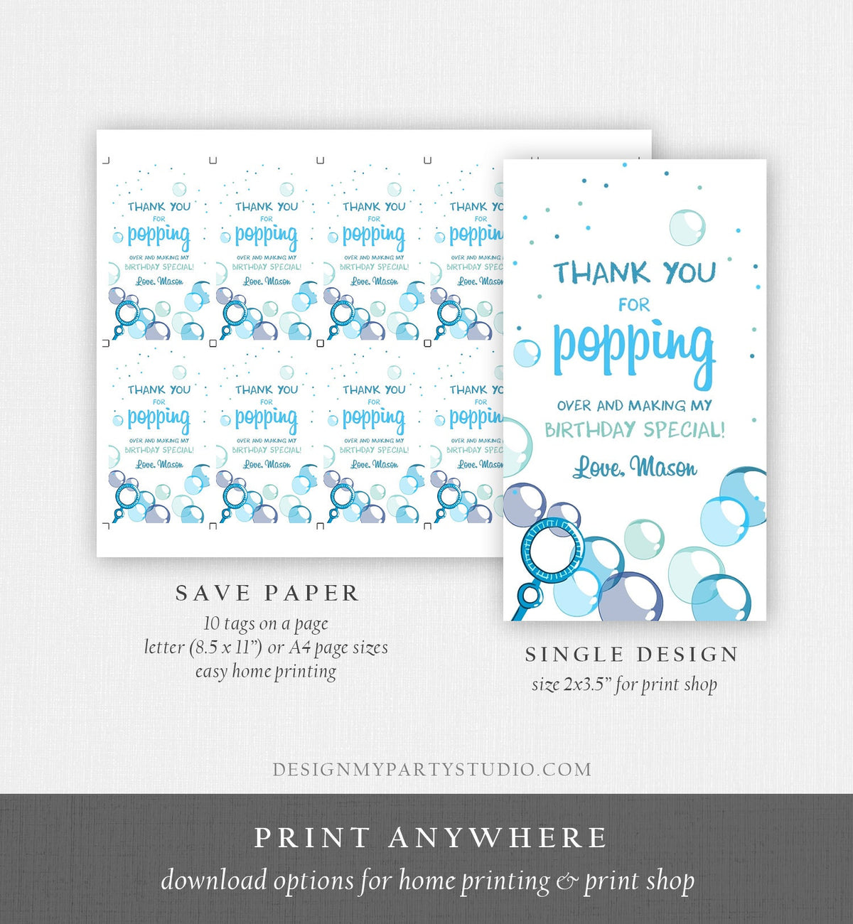 Editable Bubble Favor Tag Boy Bubble Birthday Thank You Tag Popping Over Labels Bubbles Gift Tag Blue Digital Template Printable 0035