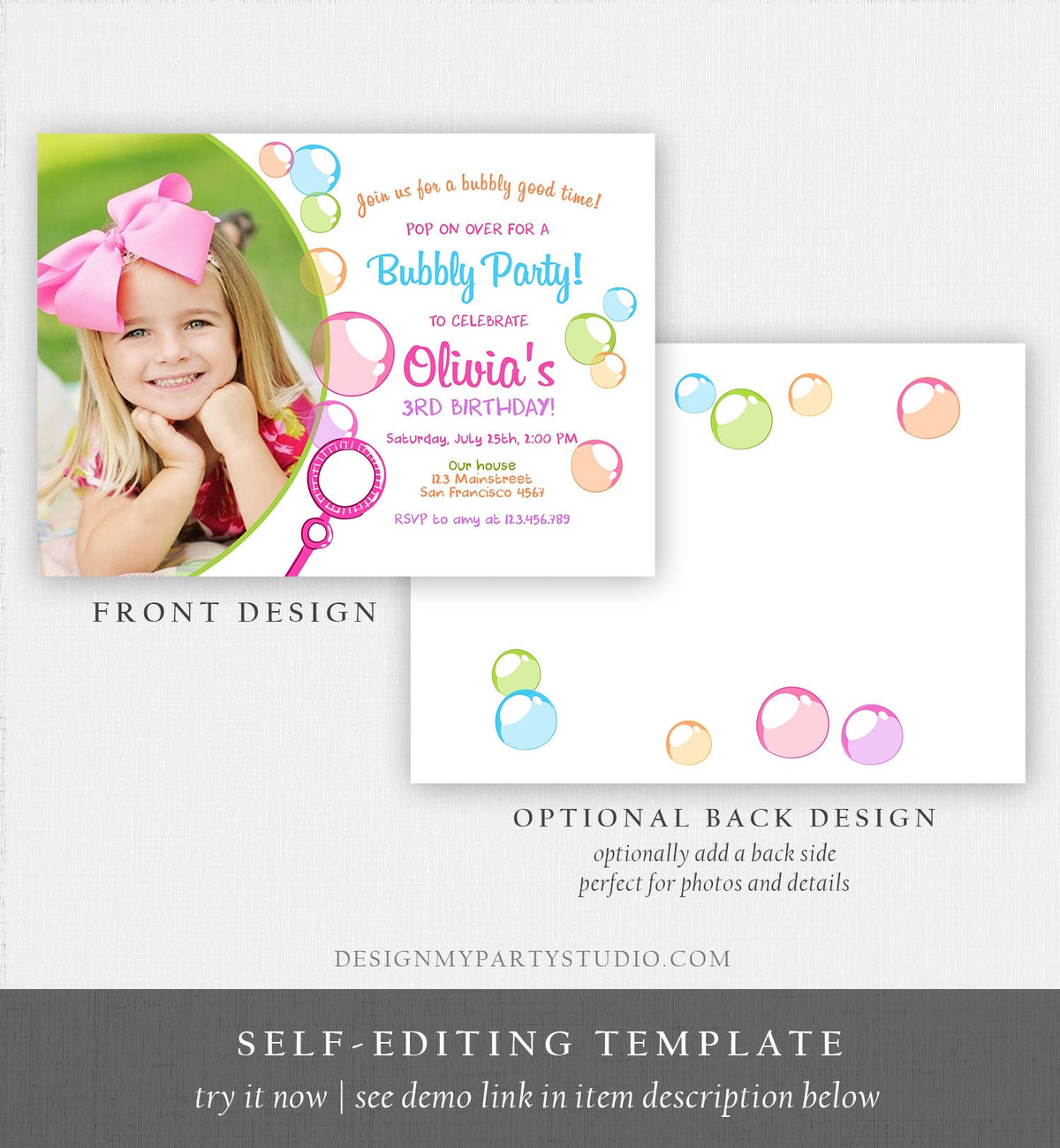 Editable Bubble Birthday Invitation Bubbles Birthday Party Invite Pop Girl Pink Purple Summer Digital Download Corjl Template Printable 0035