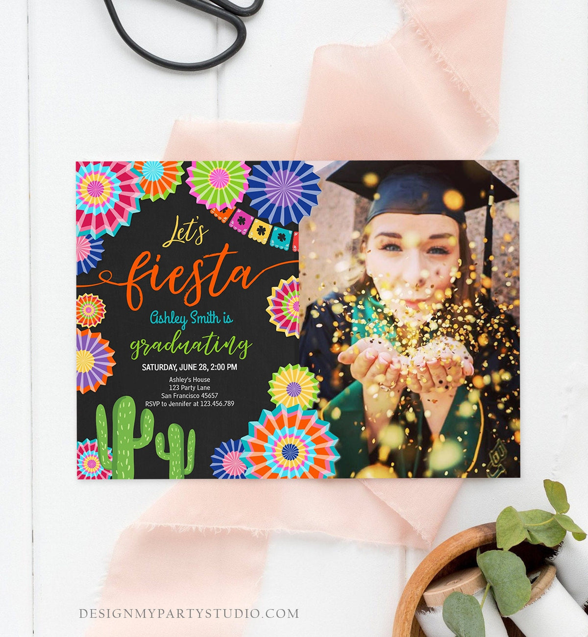 Editable Let's Fiesta Graduation Party Invitation Cactus Mexican Taco Bout Grad High School College Digital Download Template Printable 0236