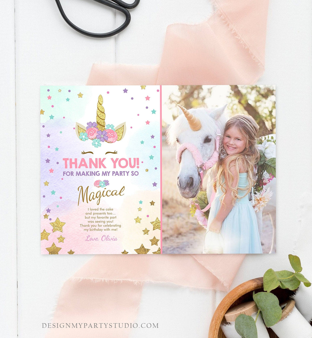 Editable Unicorn Thank You Card Girl Birthday Thank You Note Pink Gold Magical Party Baby Shower Download Corjl Template Printable 0041