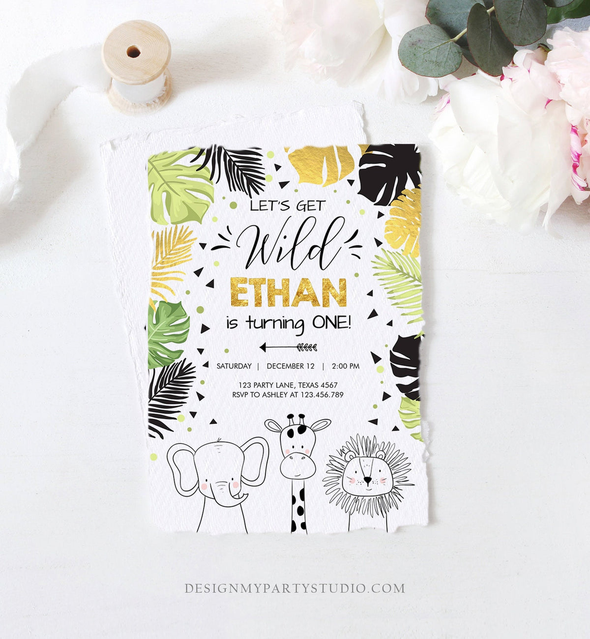 Editable Safari Animals Birthday Invitation Boy Girl First Birthday Let&#39;s Get Wild One Jungle Zoo Animals Black Modern Corjl Template 0039