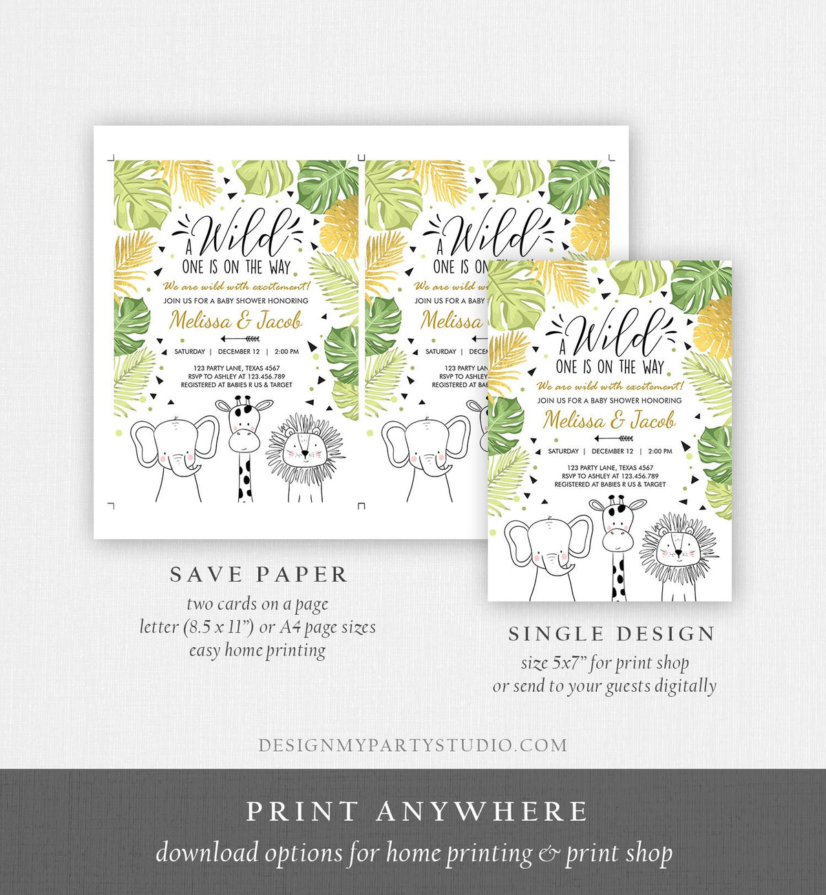 Editable Safari Animals Baby Shower Invitation Boy Girl Gender Neutral Wild One On the Way Jungle Zoo Animals Modern Corjl Template 0039