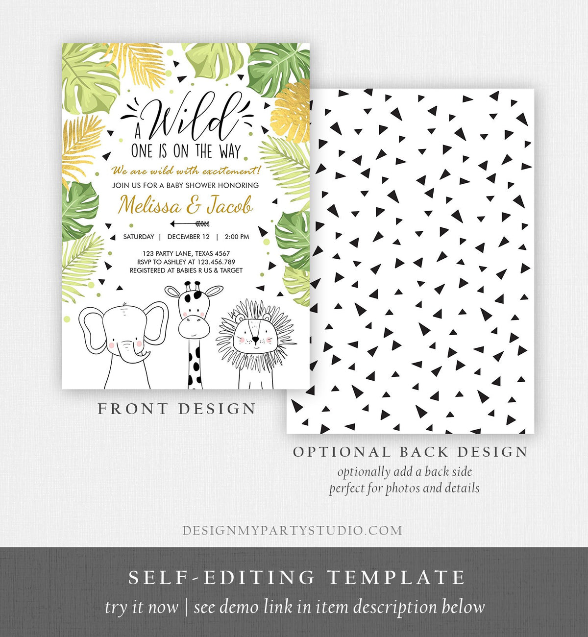 Editable Safari Animals Baby Shower Invitation Boy Girl Gender Neutral Wild One On the Way Jungle Zoo Animals Modern Corjl Template 0039