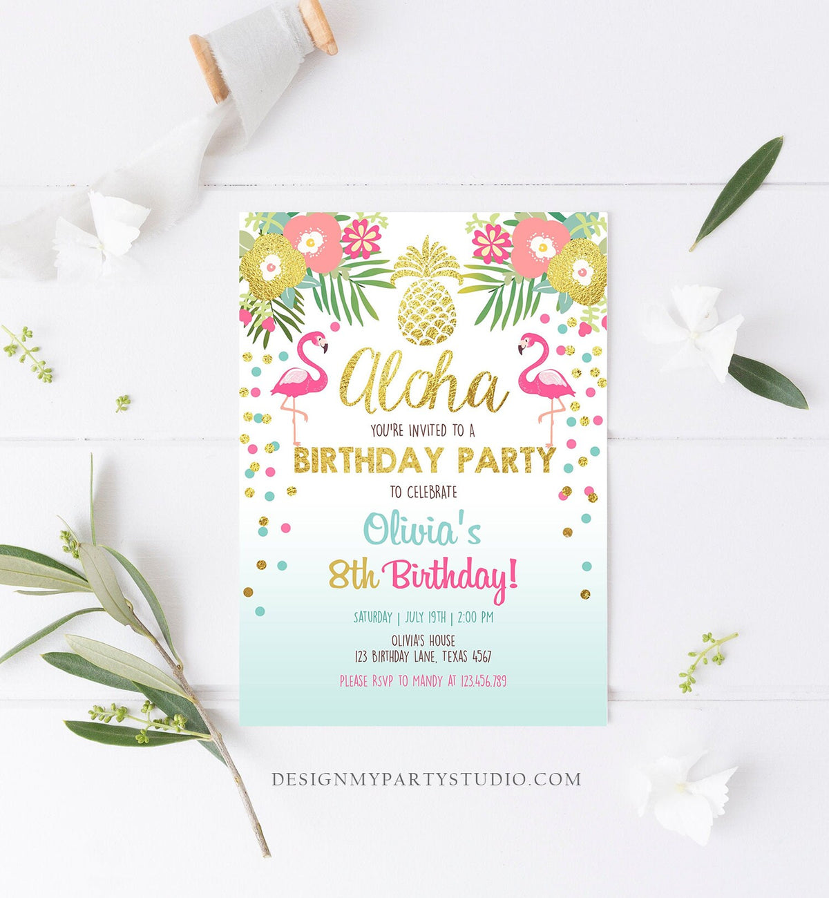 Editable Aloha Birthday Invitation Tropical Flamingo Luau Party Leaves Confetti Blue Gold Pineapple Hawaiian Corjl Template Printable 0200
