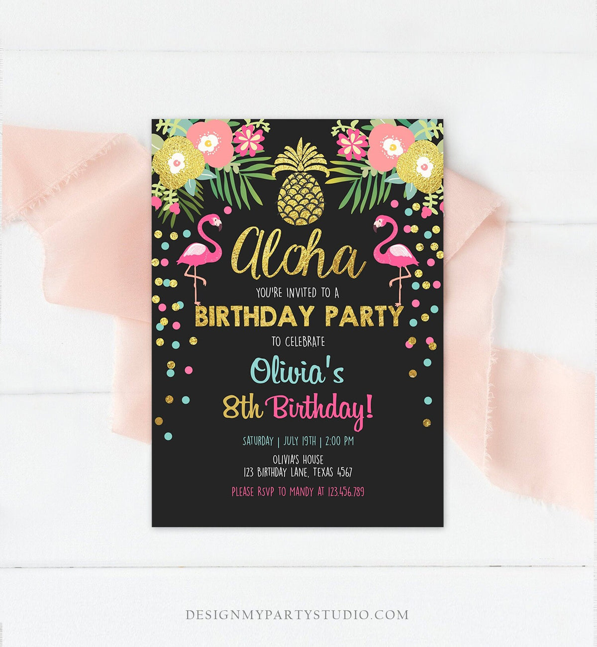 Editable Aloha Birthday Invitation Tropical Flamingo Luau Party Leaves Confetti Chalk Gold Pineapple Hawaiian Corjl Template Printable 0200