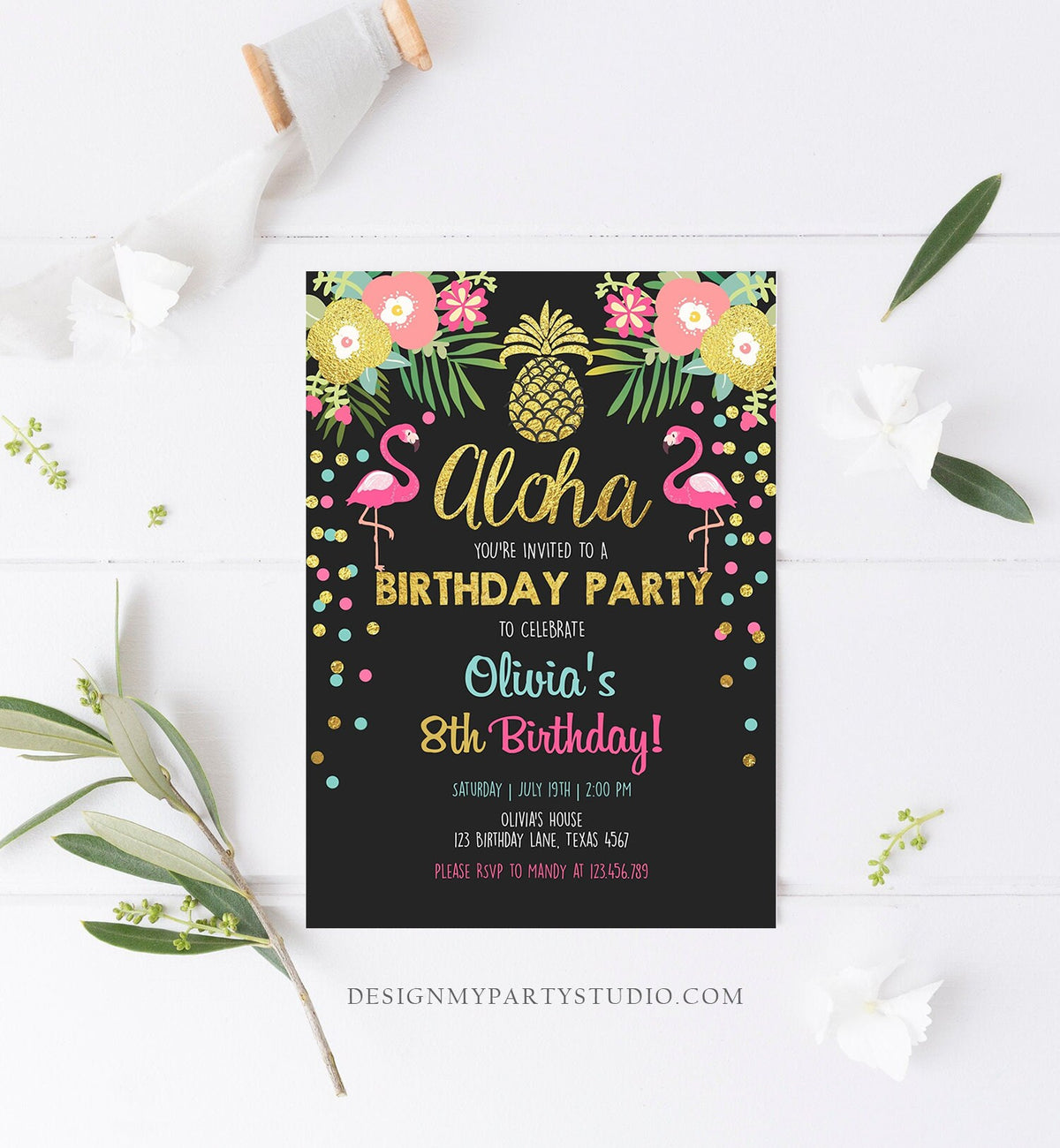 Editable Aloha Birthday Invitation Tropical Flamingo Luau Party Leaves Confetti Chalk Gold Pineapple Hawaiian Corjl Template Printable 0200
