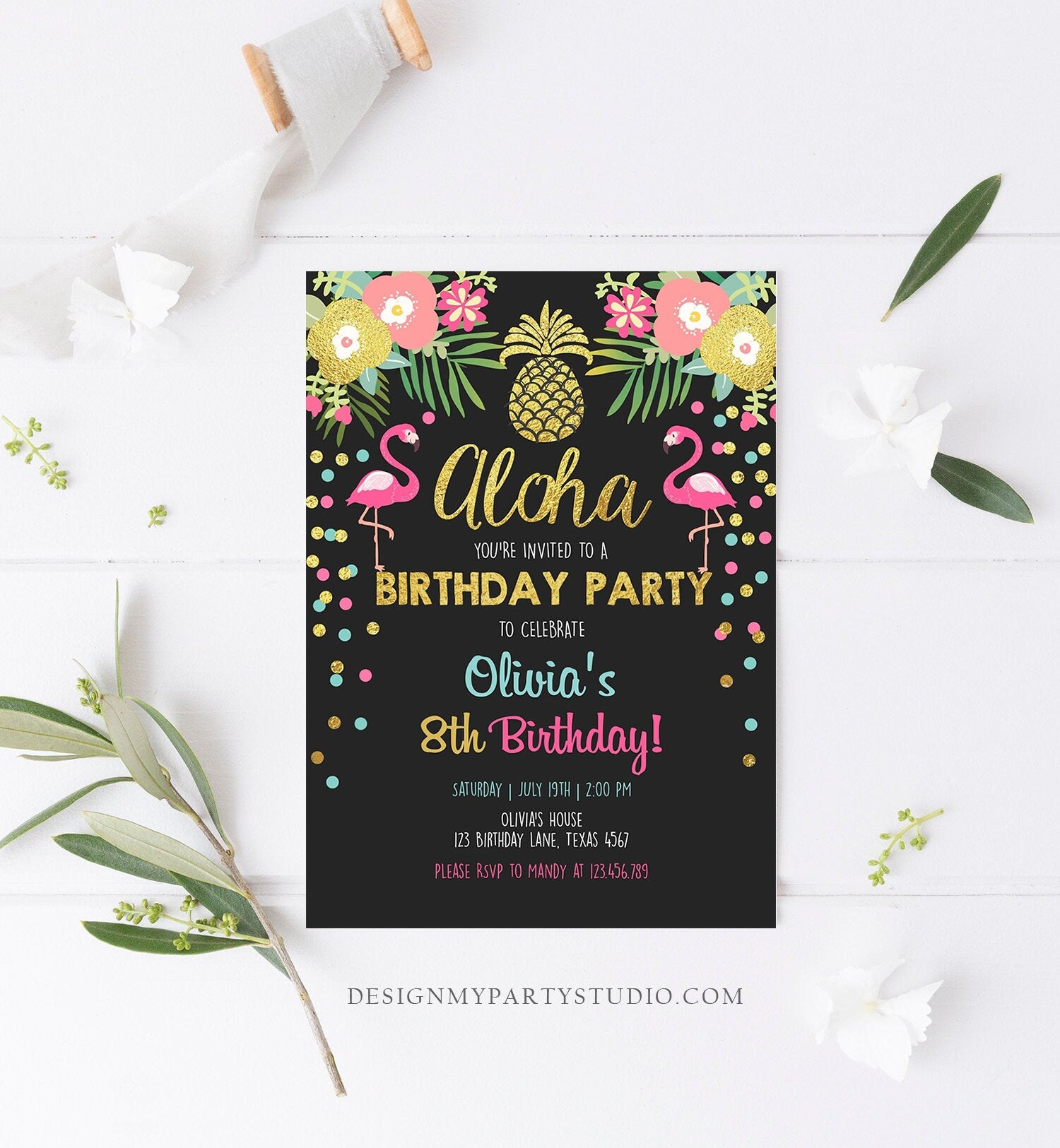 Editable Aloha Birthday Invitation Tropical Flamingo Luau Party Leaves Confetti Chalk Gold Pineapple Hawaiian Corjl Template Printable 0200