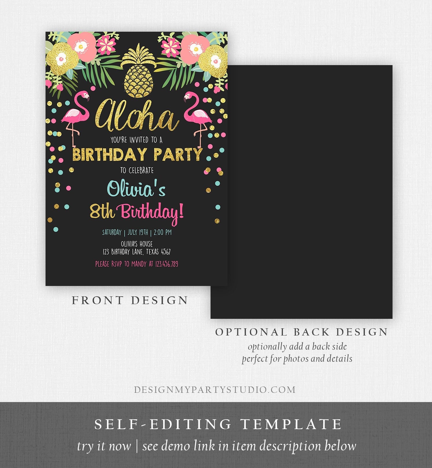 Editable Aloha Birthday Invitation Tropical Flamingo Luau Party Leaves Confetti Chalk Gold Pineapple Hawaiian Corjl Template Printable 0200