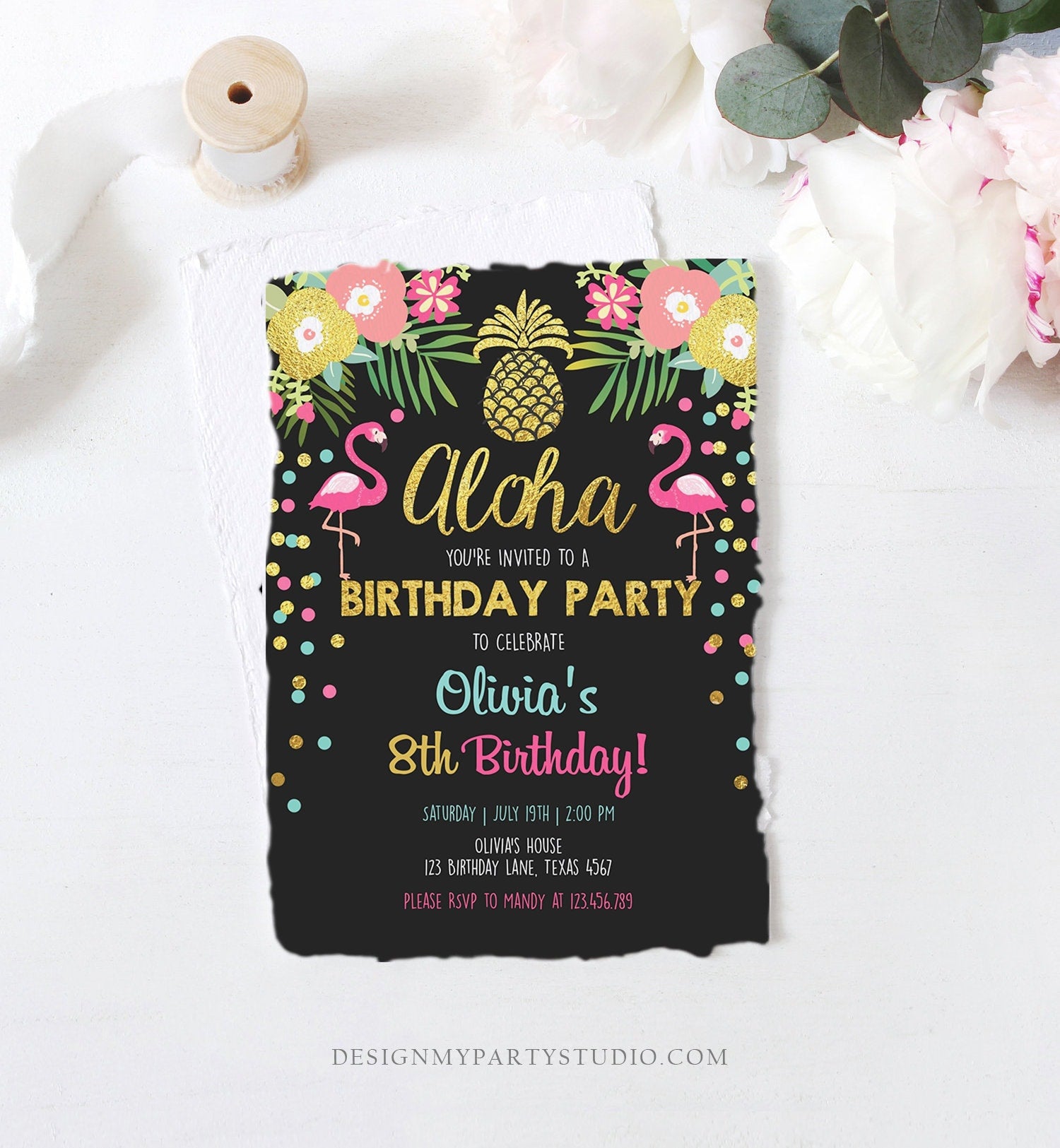 Editable Aloha Birthday Invitation Tropical Flamingo Luau Party Leaves Confetti Chalk Gold Pineapple Hawaiian Corjl Template Printable 0200