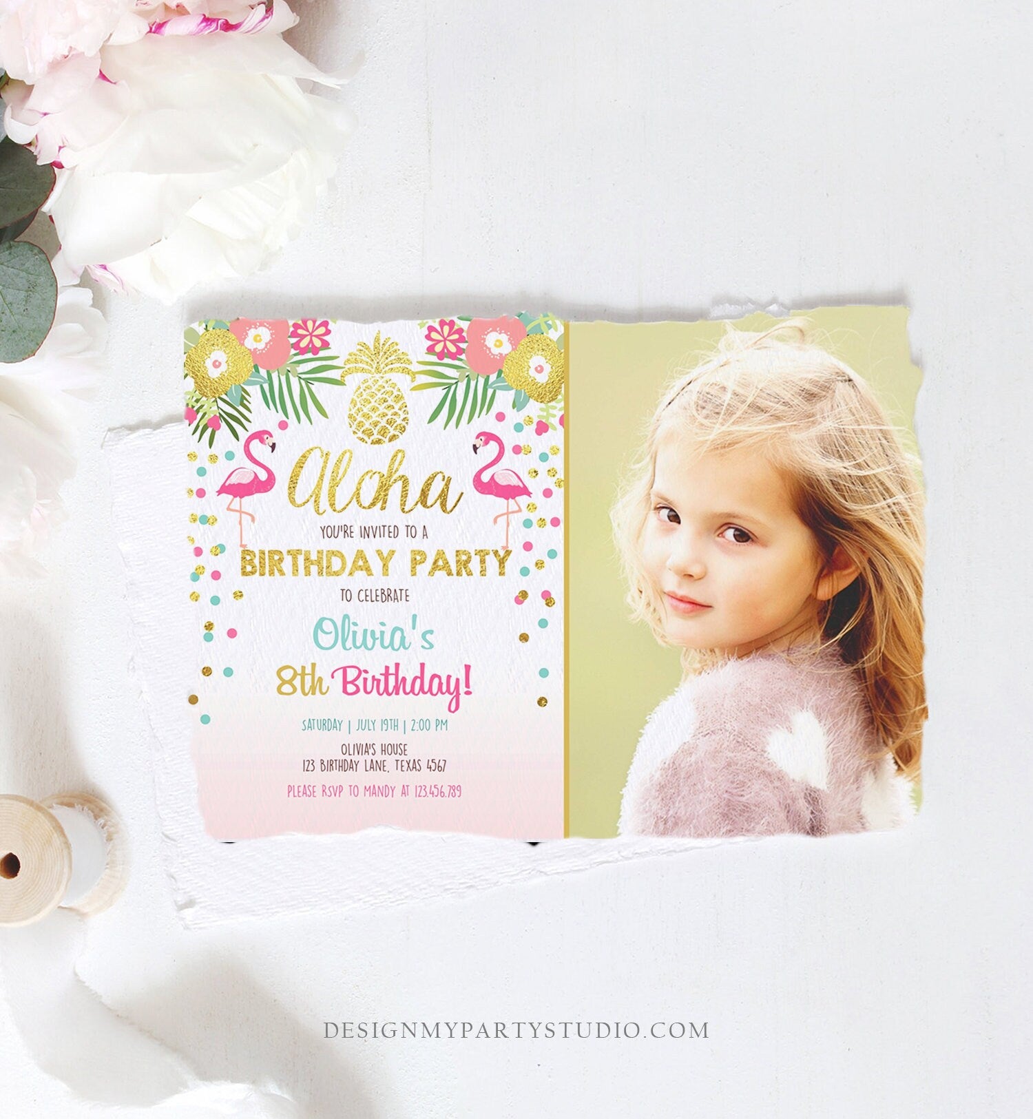 Editable Aloha Birthday Invitation Tropical Flamingo Luau Party Leaves Confetti Pink Gold Pineapple Hawaiian Corjl Template Printable 0200