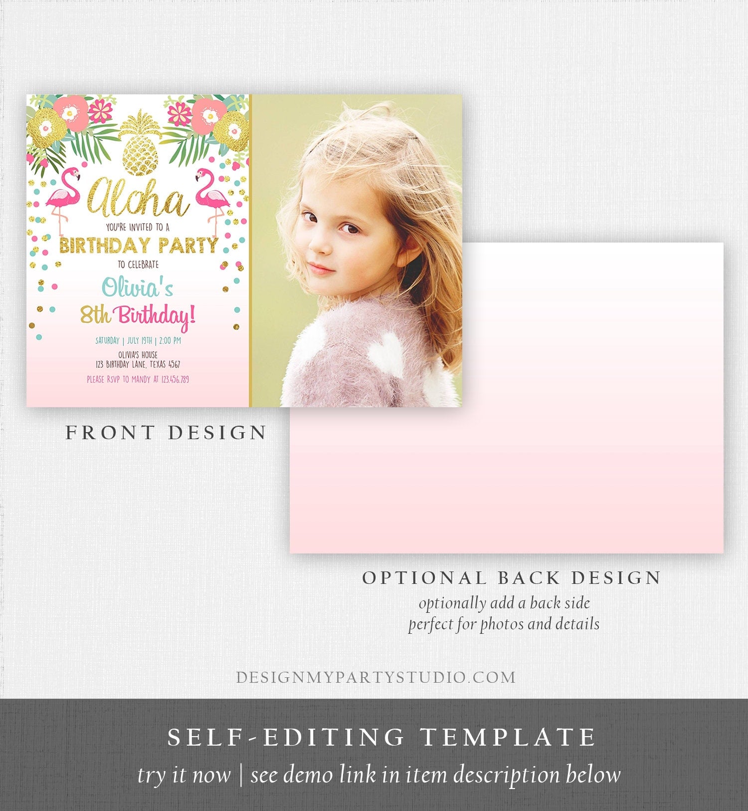 Editable Aloha Birthday Invitation Tropical Flamingo Luau Party Leaves Confetti Pink Gold Pineapple Hawaiian Corjl Template Printable 0200