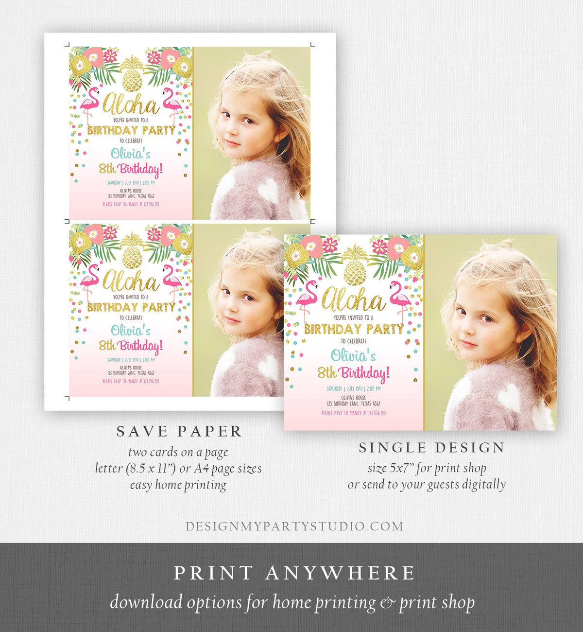 Editable Aloha Birthday Invitation Tropical Flamingo Luau Party Leaves Confetti Pink Gold Pineapple Hawaiian Corjl Template Printable 0200