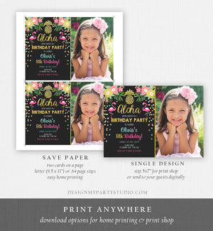 Editable Aloha Birthday Invitation Tropical Flamingo Luau Party Leaves Confetti Pink Gold Pineapple Hawaiian Corjl Template Printable 0200