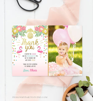 Editable Tropical Aloha Thank You Card Flamingo Birthday Luau Party Leaves Pink Gold Confetti Digital Download Corjl Template Printable 0200