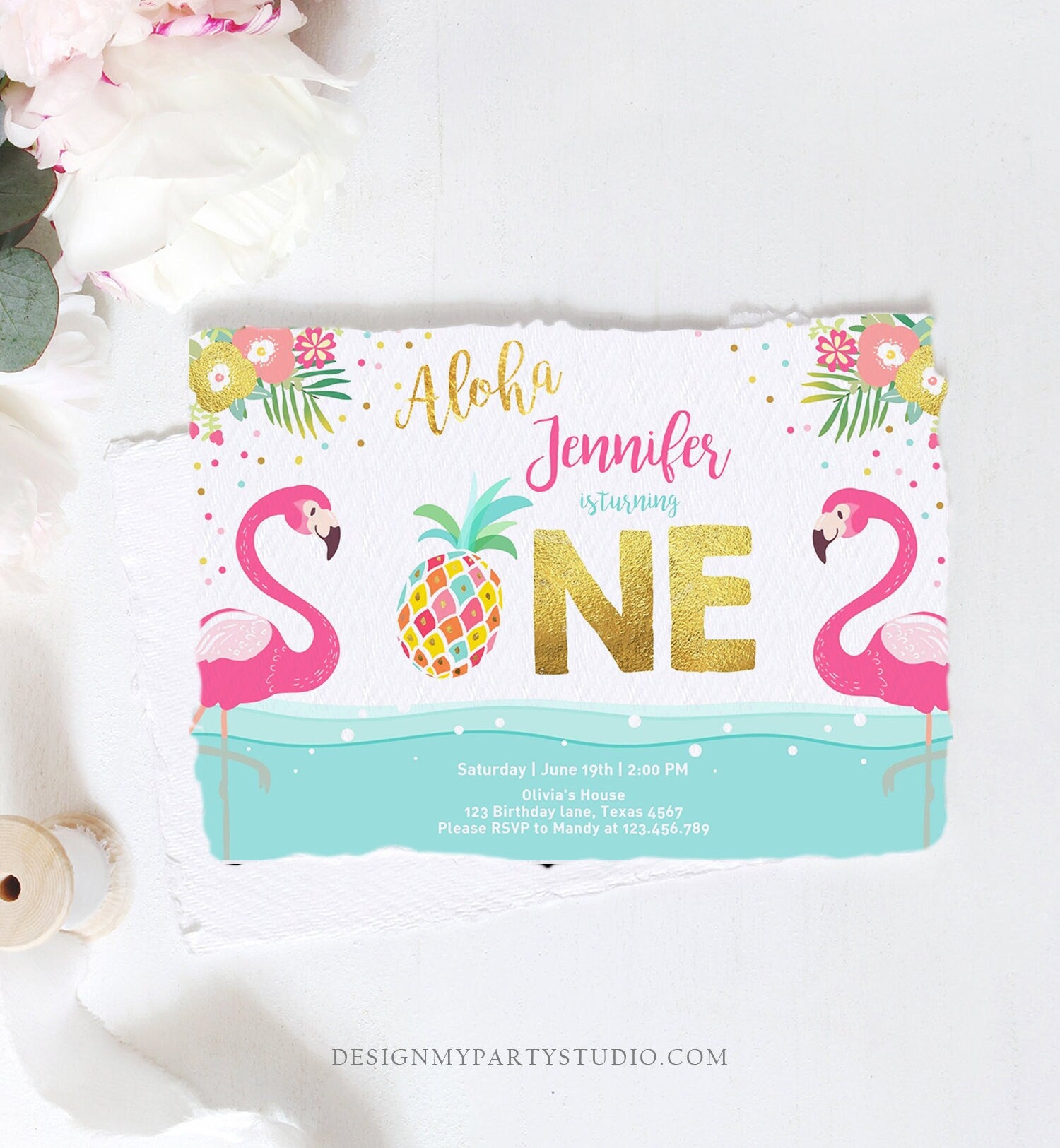 Editable Aloha Tropical First Birthday Invitation Flamingo Luau Party Leaves Pink Gold Pineapple Hawaiian Corjl Template Printable 0200