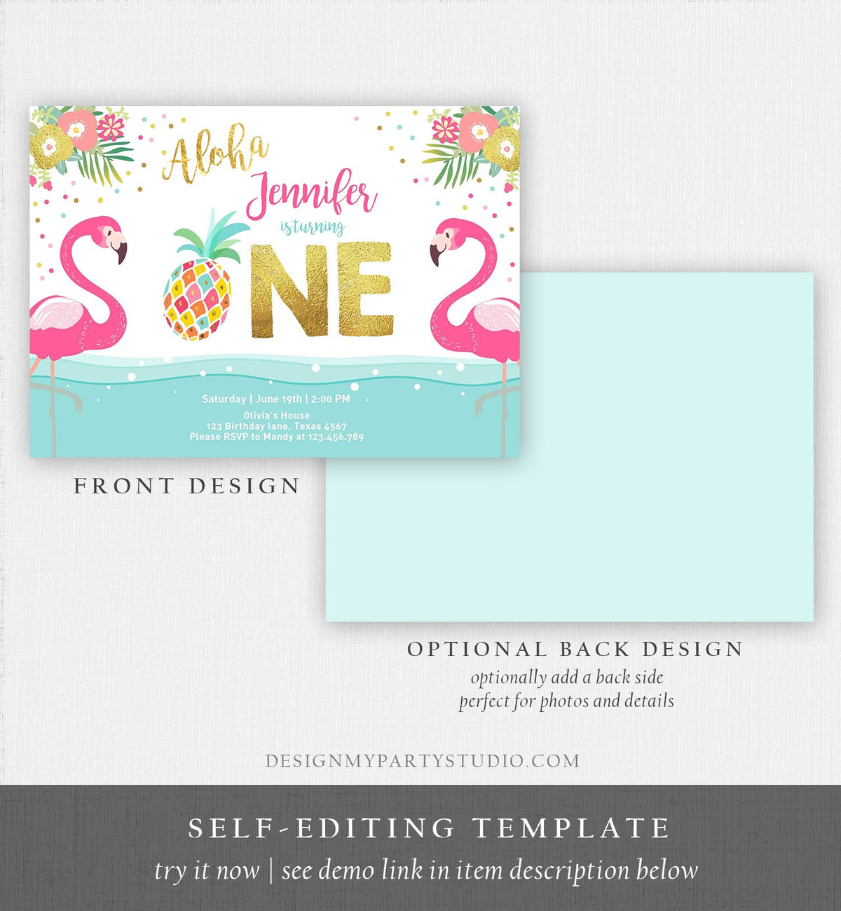 Editable Aloha Tropical First Birthday Invitation Flamingo Luau Party Leaves Pink Gold Pineapple Hawaiian Corjl Template Printable 0200