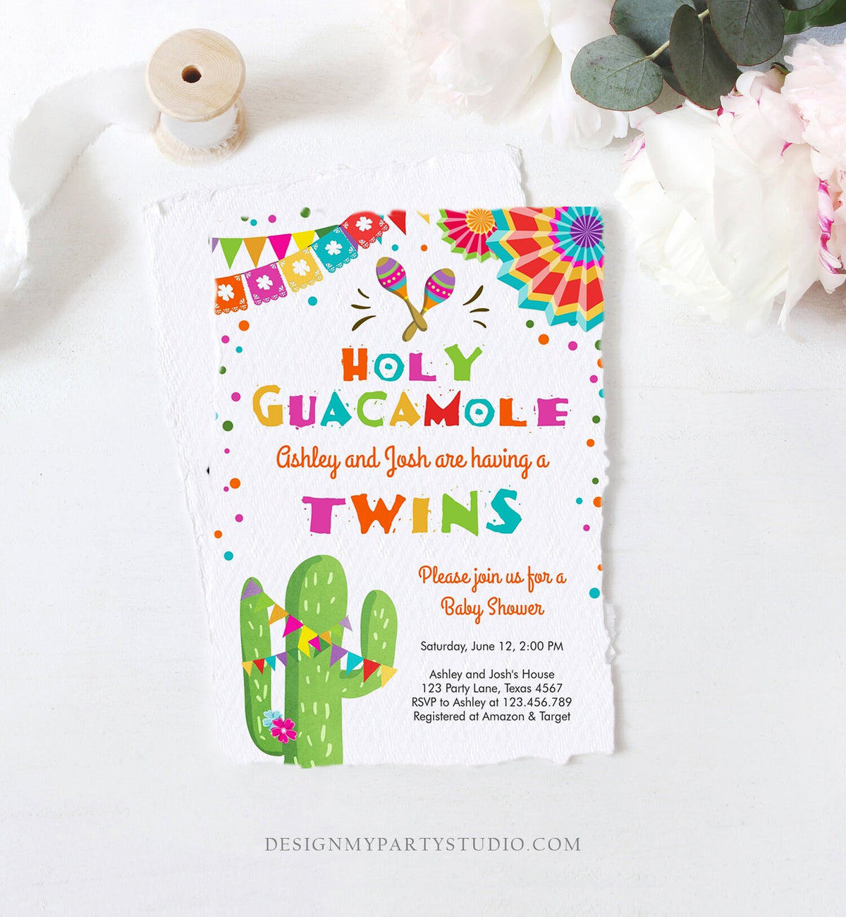 Editable Holy Guacamole Fiesta Baby Shower Invitation Twins Cactus Mexican Succulent Little Señor Senorita on the Way Corjl Template 0045