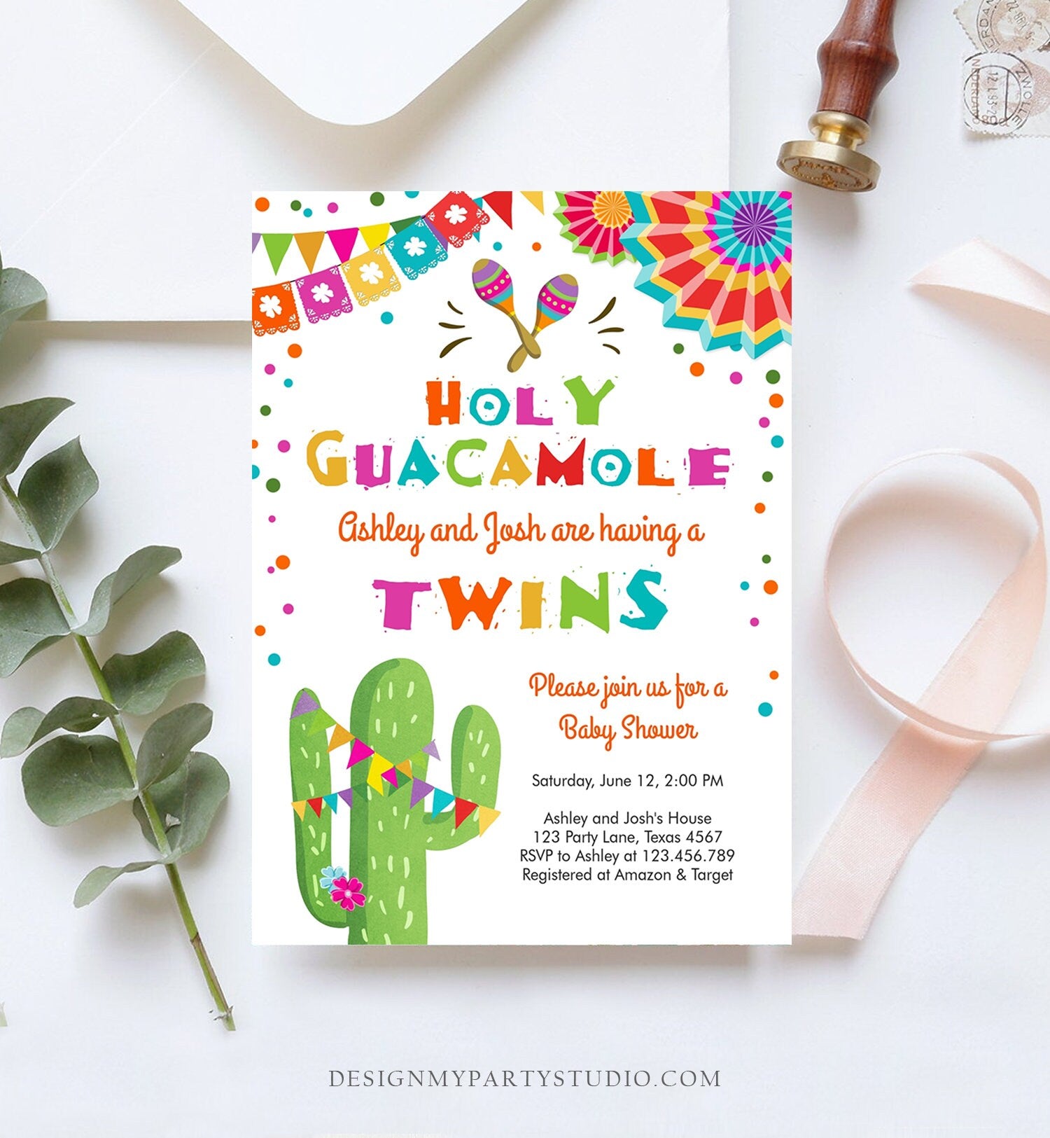 Editable Holy Guacamole Fiesta Baby Shower Invitation Twins Cactus Mexican Succulent Little Señor Senorita on the Way Corjl Template 0045