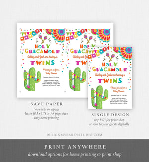 Editable Holy Guacamole Fiesta Baby Shower Invitation Twins Cactus Mexican Succulent Little Señor Senorita on the Way Corjl Template 0045