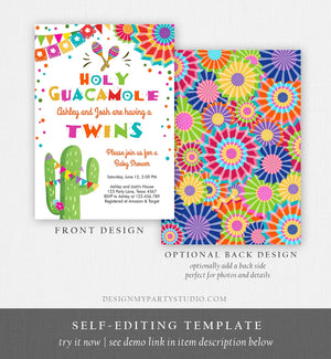 Editable Holy Guacamole Fiesta Baby Shower Invitation Twins Cactus Mexican Succulent Little Señor Senorita on the Way Corjl Template 0045