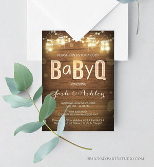 Editable Baby Q Invitation Coed BBQ Baby Shower Rustic Wood Lights Jars Gender Neutral Download Printable Template Digital Corjl 0015